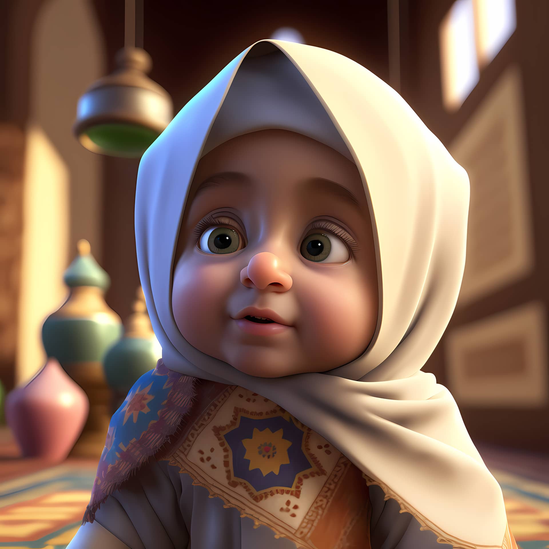 Adorable cute muslim children cartoon character 3d rendering balanced image