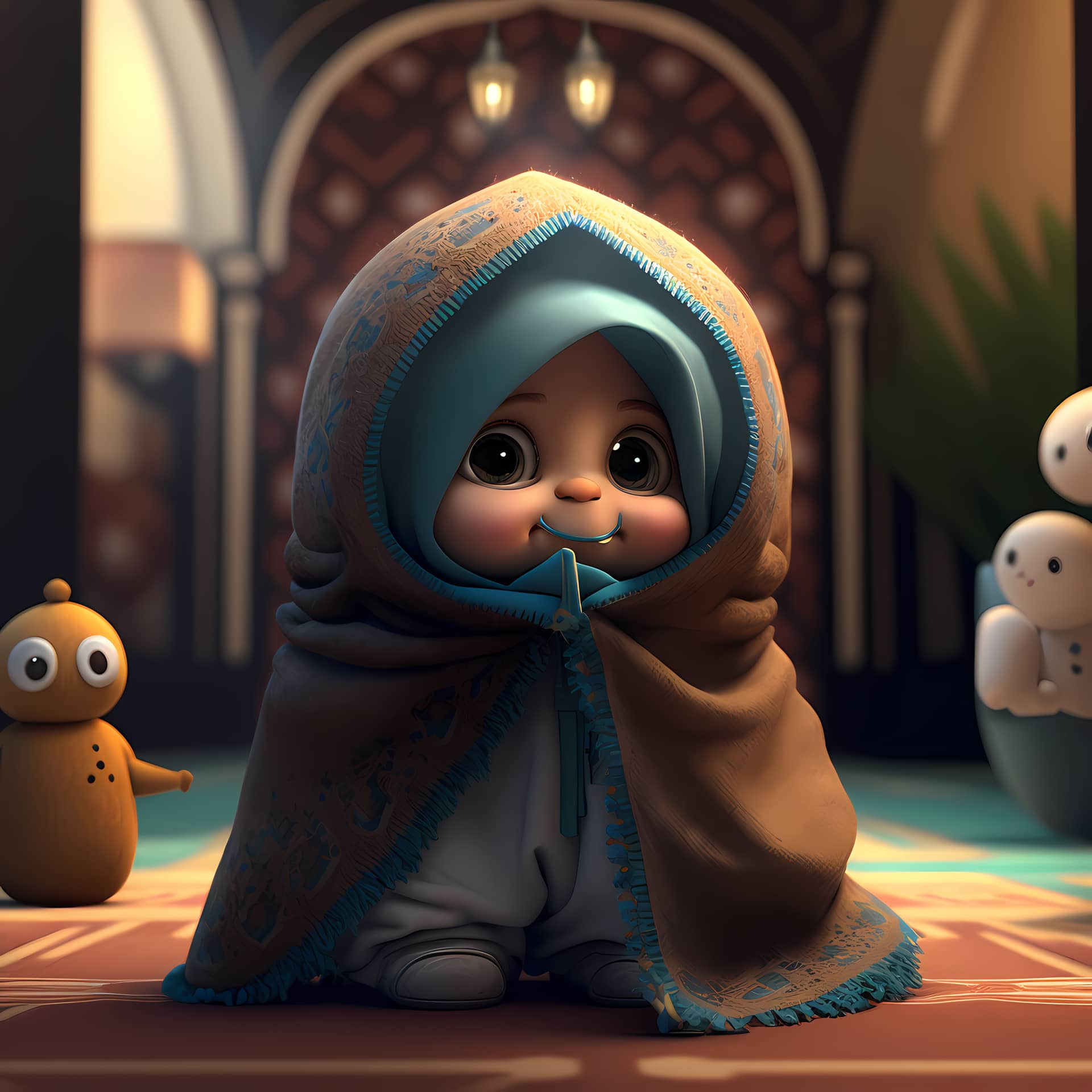Adorable cute muslim children cartoon character 3d rendering colorful image