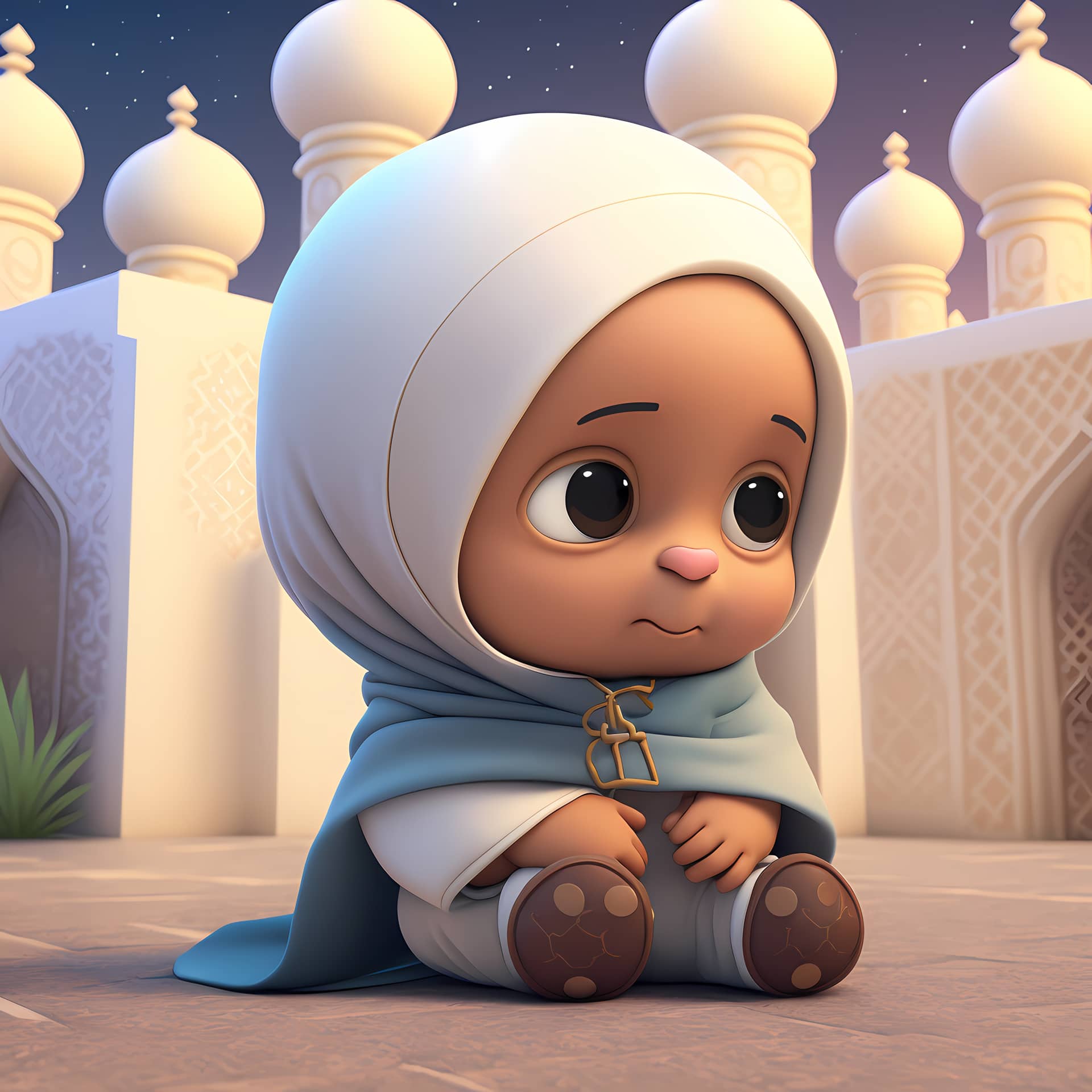 Adorable cute muslim children cartoon character 3d rendering evocative image