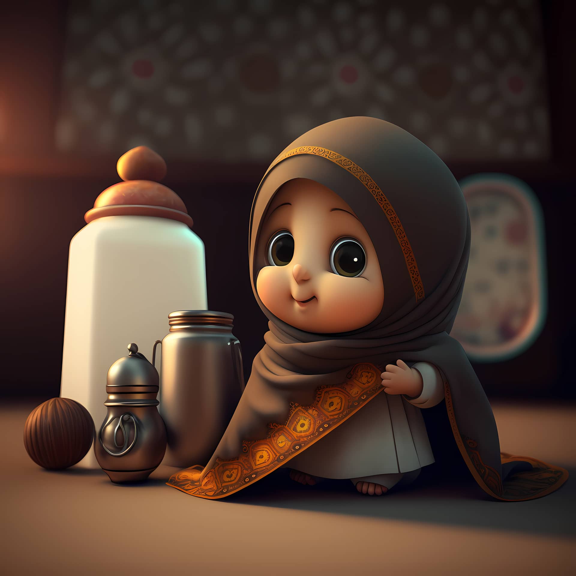 Adorable cute muslim children cartoon character 3d rendering expressive image