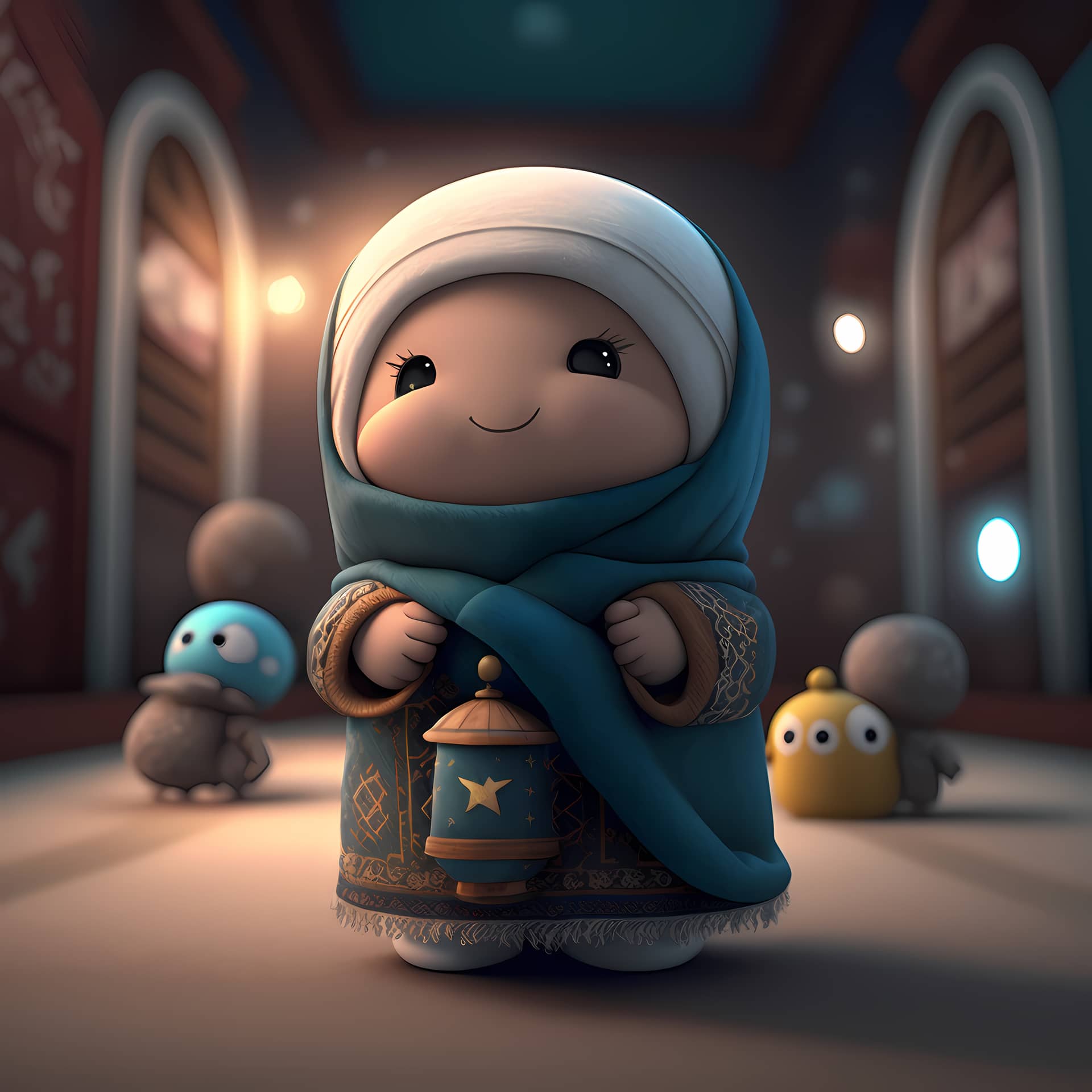Adorable cute muslim children cartoon character 3d rendering exquisite image