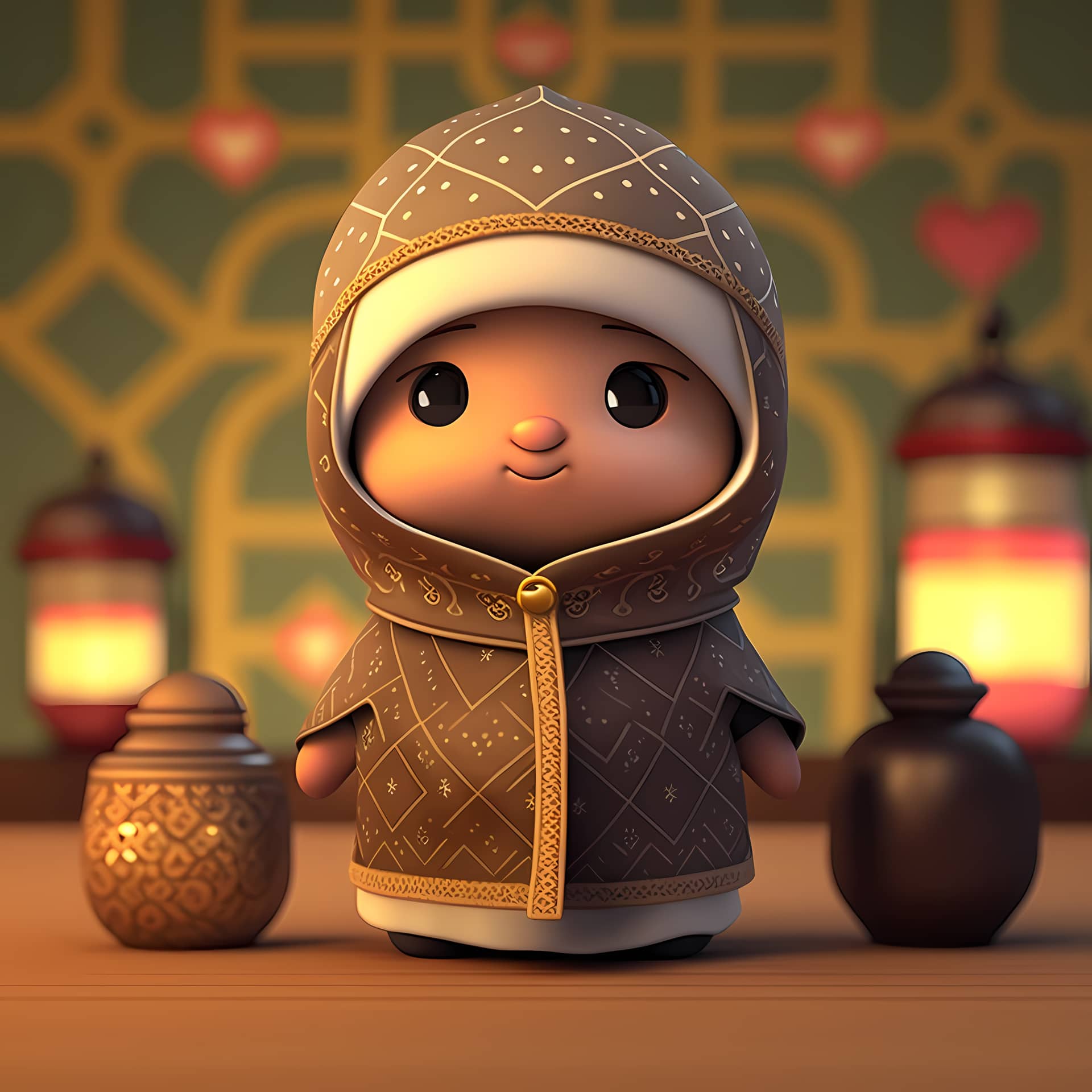 Adorable cute muslim children cartoon character 3d rendering moody image