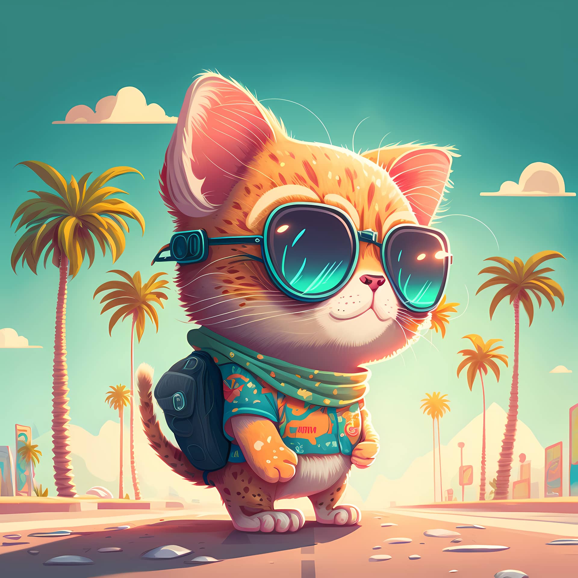 Background cat wearing sunglasses with beach palm trees excellent picture