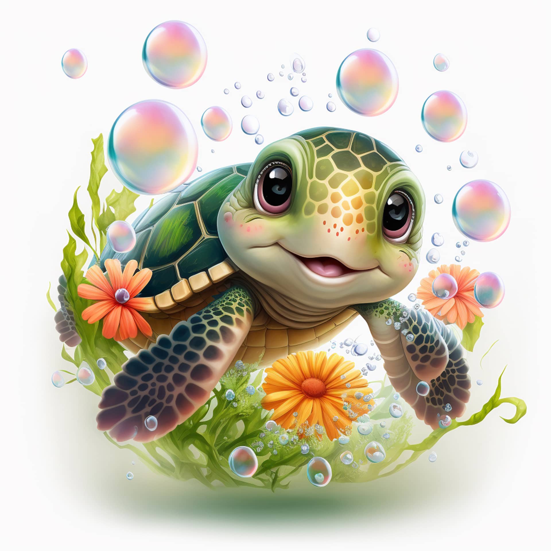 Sea turtle big eyes smiling friendly expression swimming water bubbles
