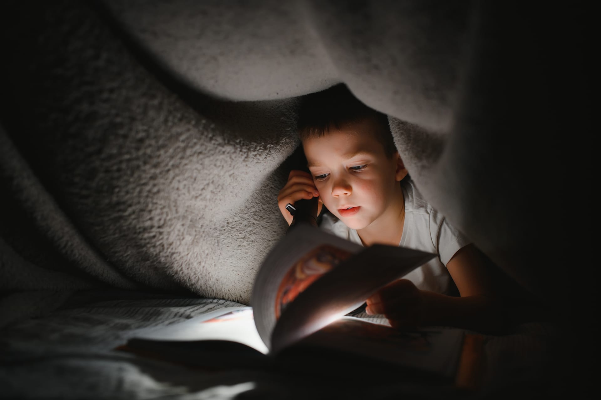 Boy with flashlight reading book blanket home