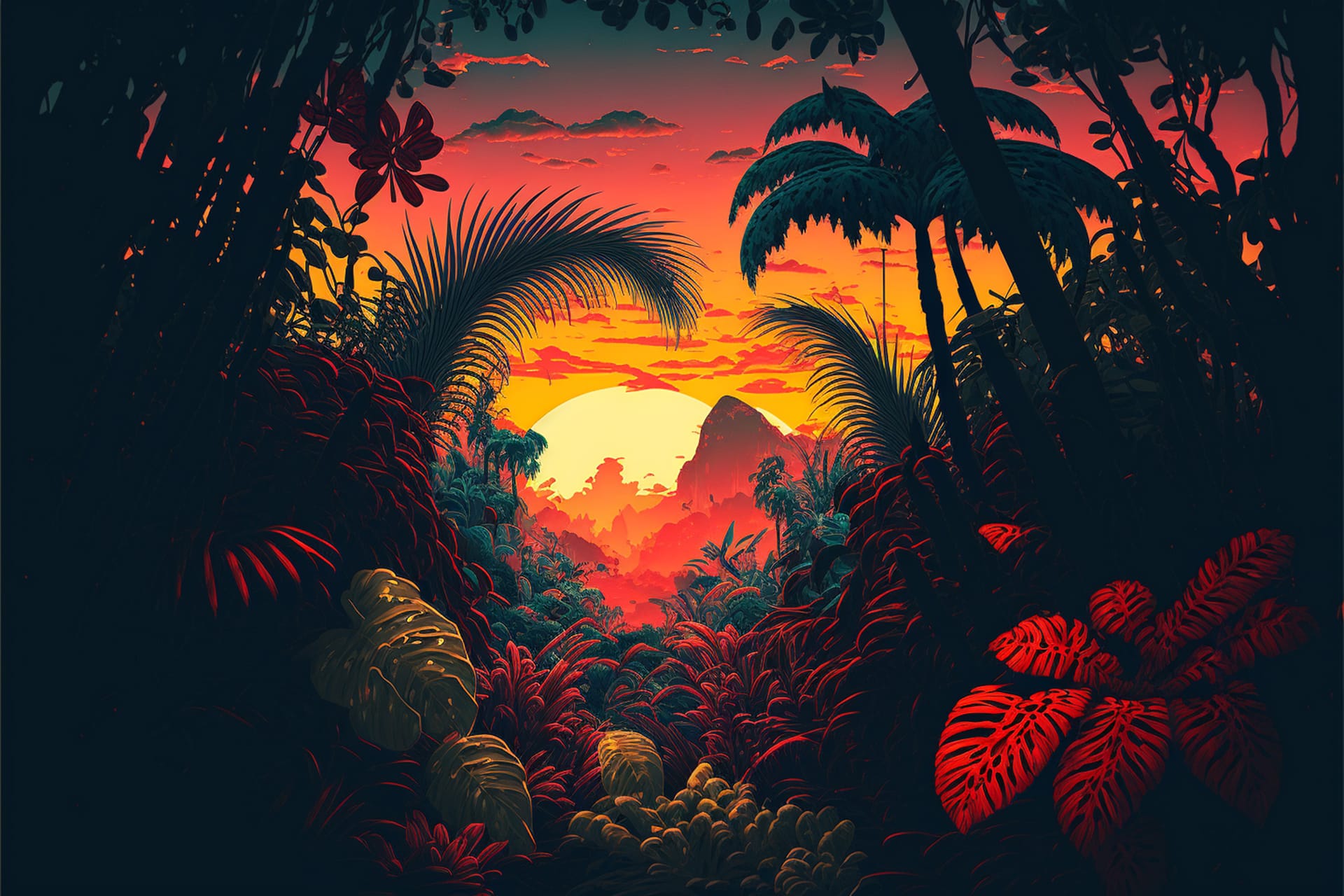 Jungle with vibrant sunset sunrise backdrop image