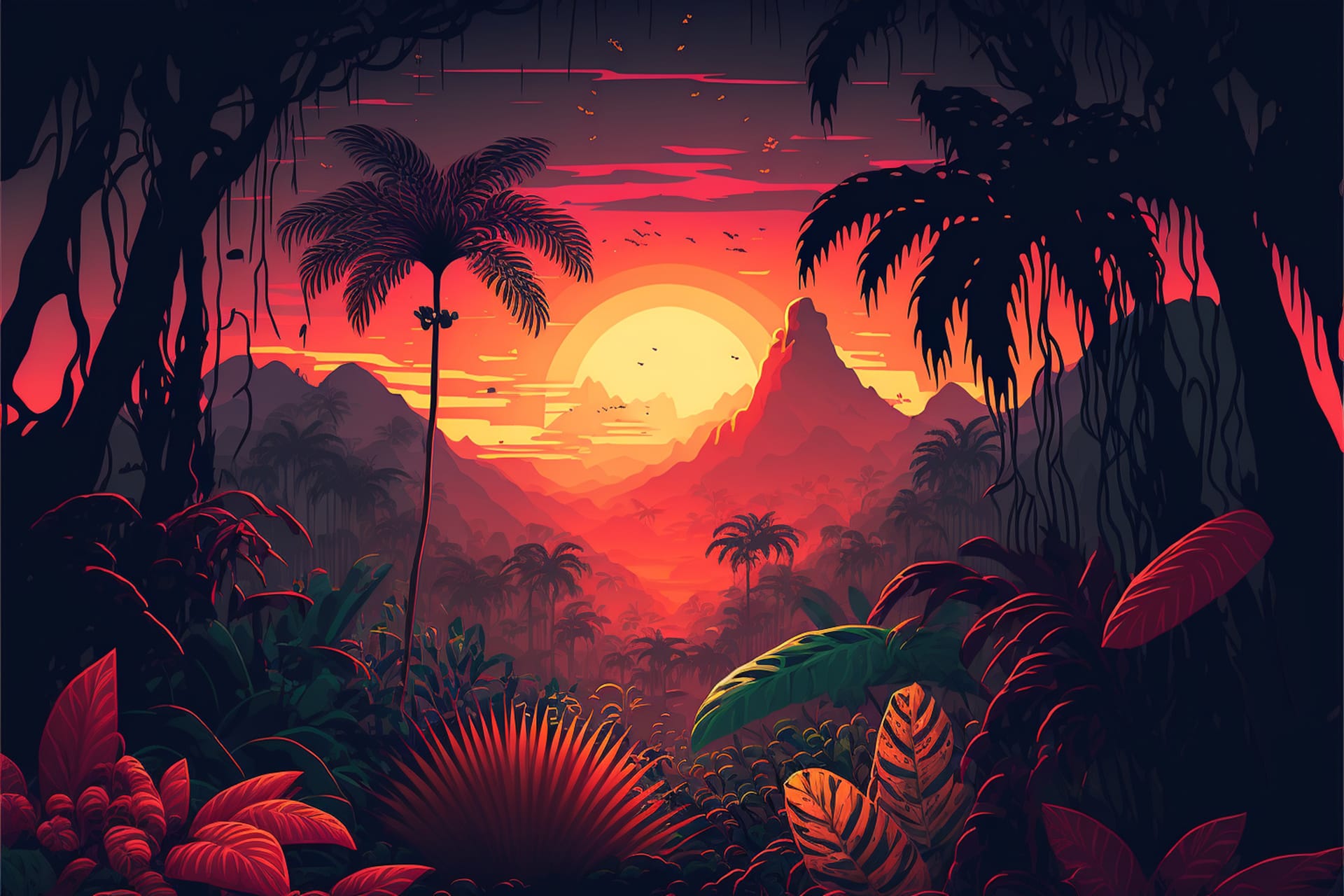 Jungle with vibrant sunset sunrise backdrop