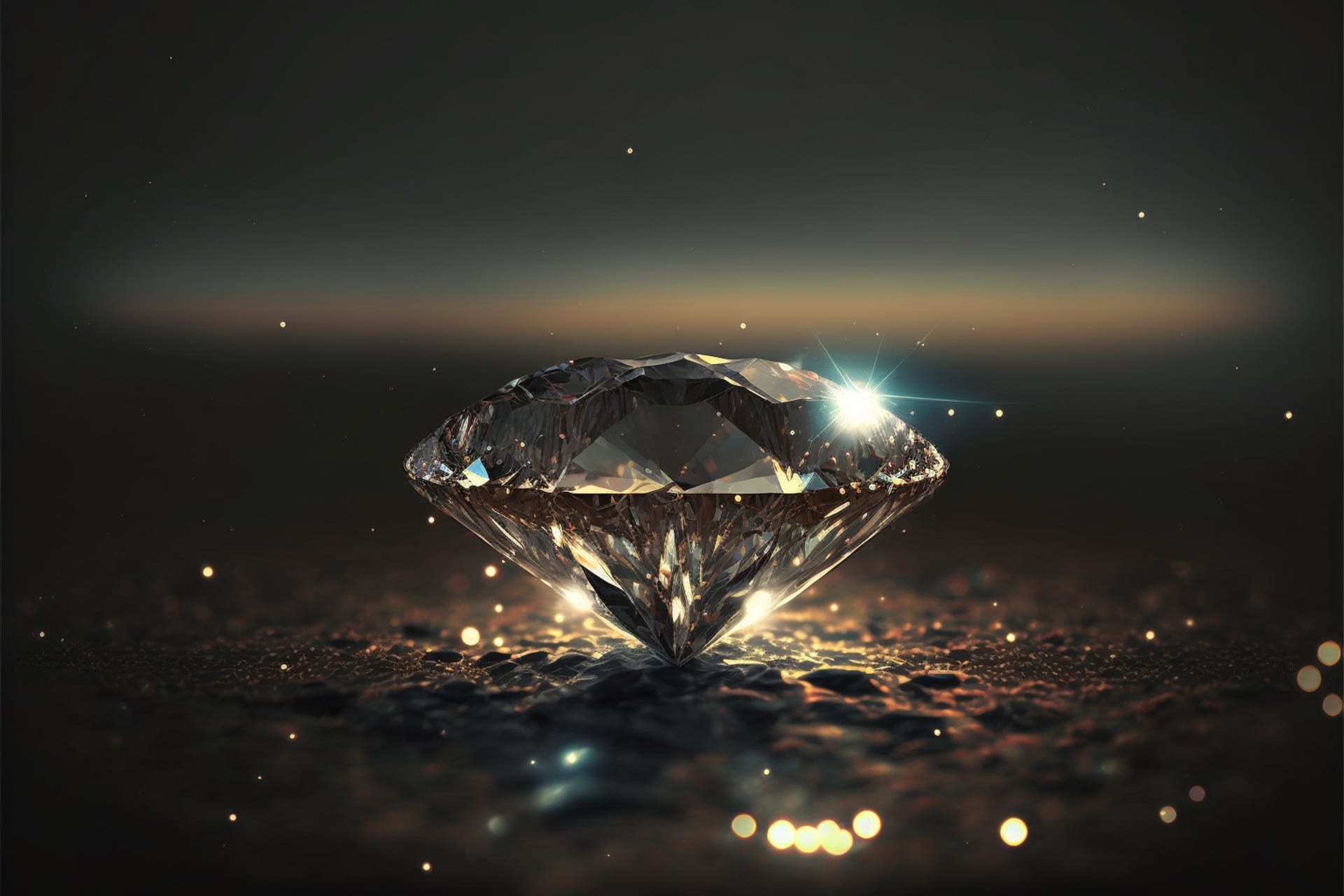 Round brilliant diamond floating sea soft blurred lights dark background