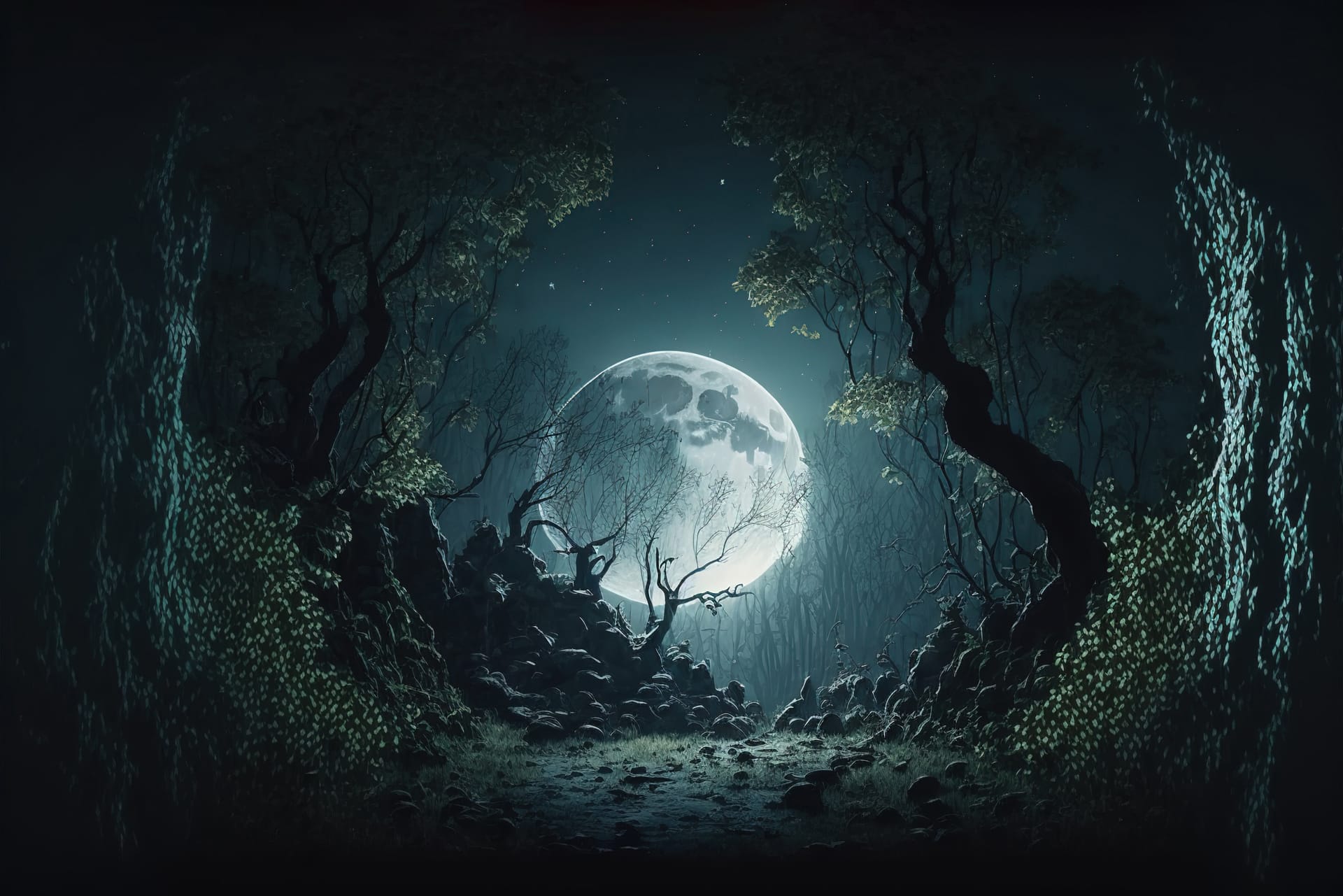 Three well forest moon light night image