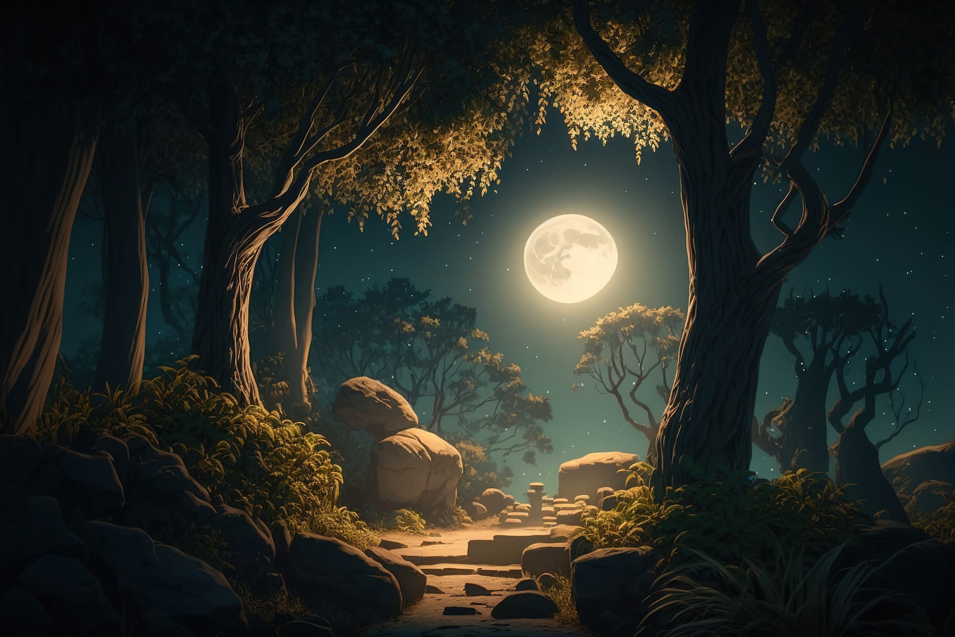 Three well forest moon light night