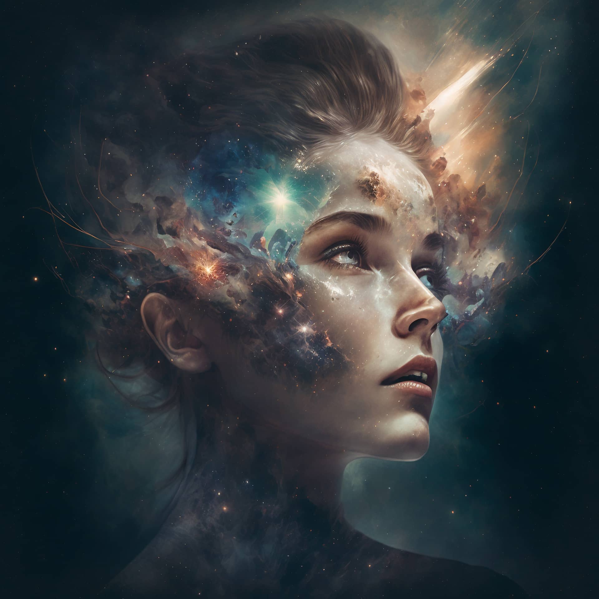Art portrait young woman with head galaxy digital painting artwork