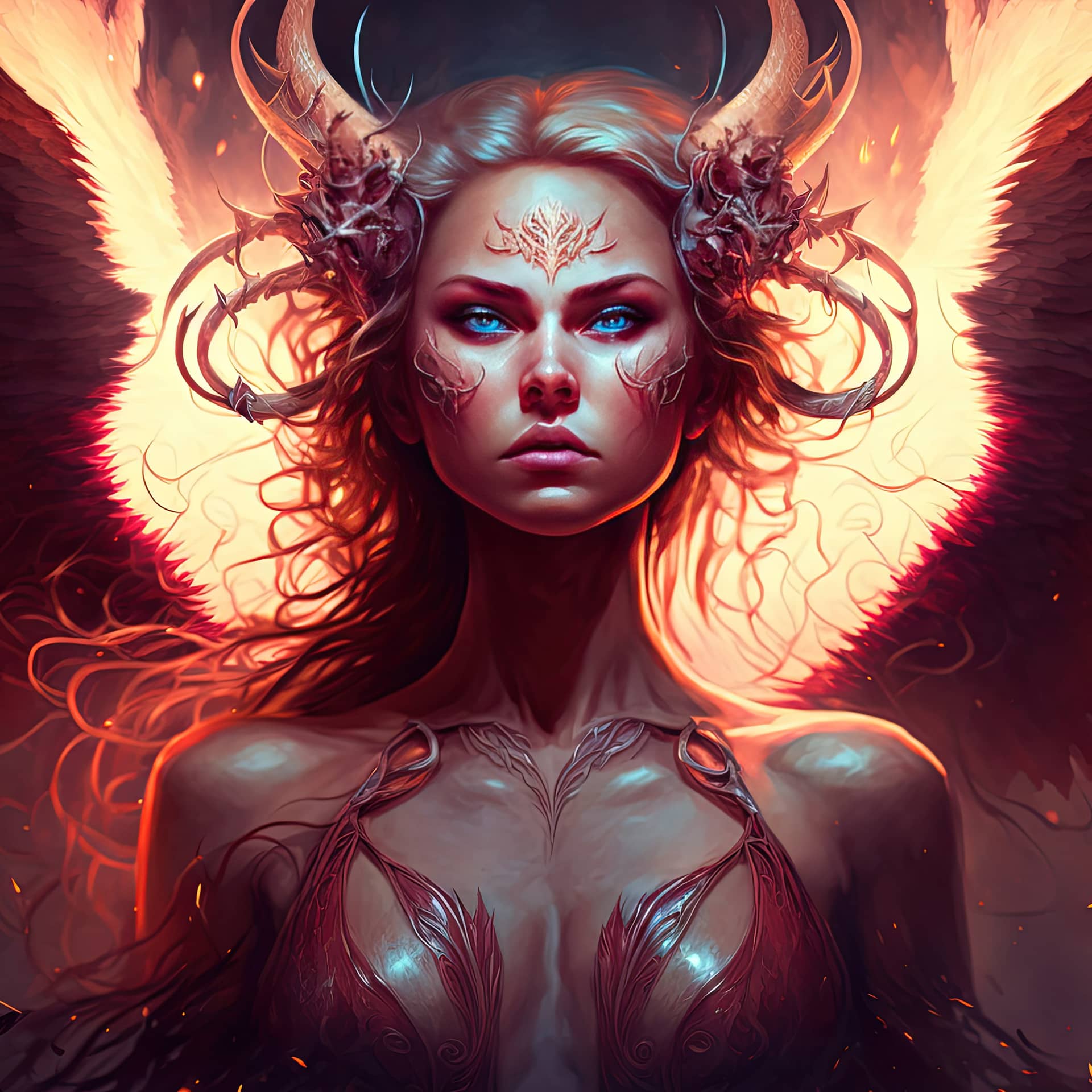 Hell s angel beautiful goddess with big hordns wings generative