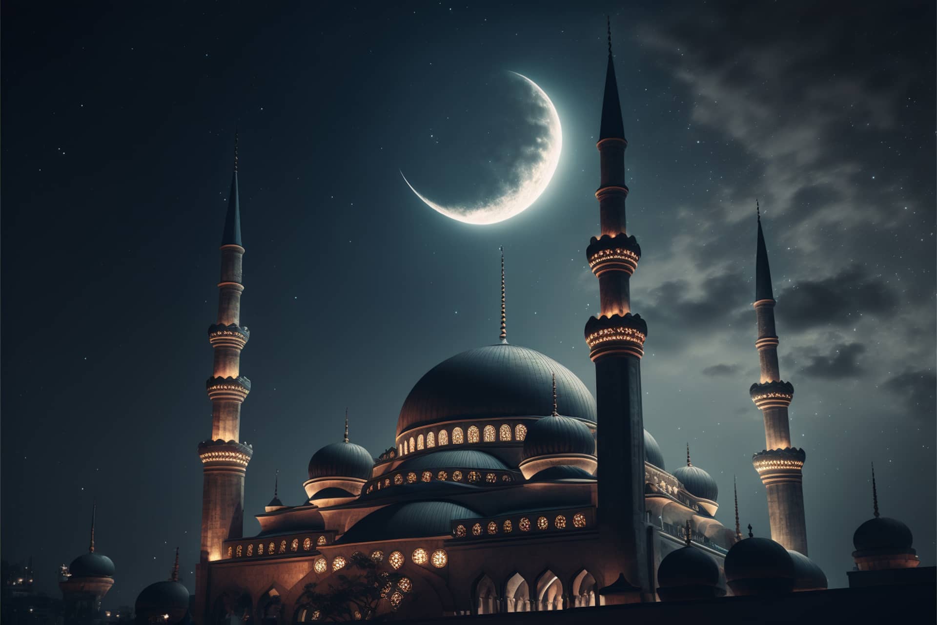 Mosque front night cloudy starry sky ramadan holy month muslims