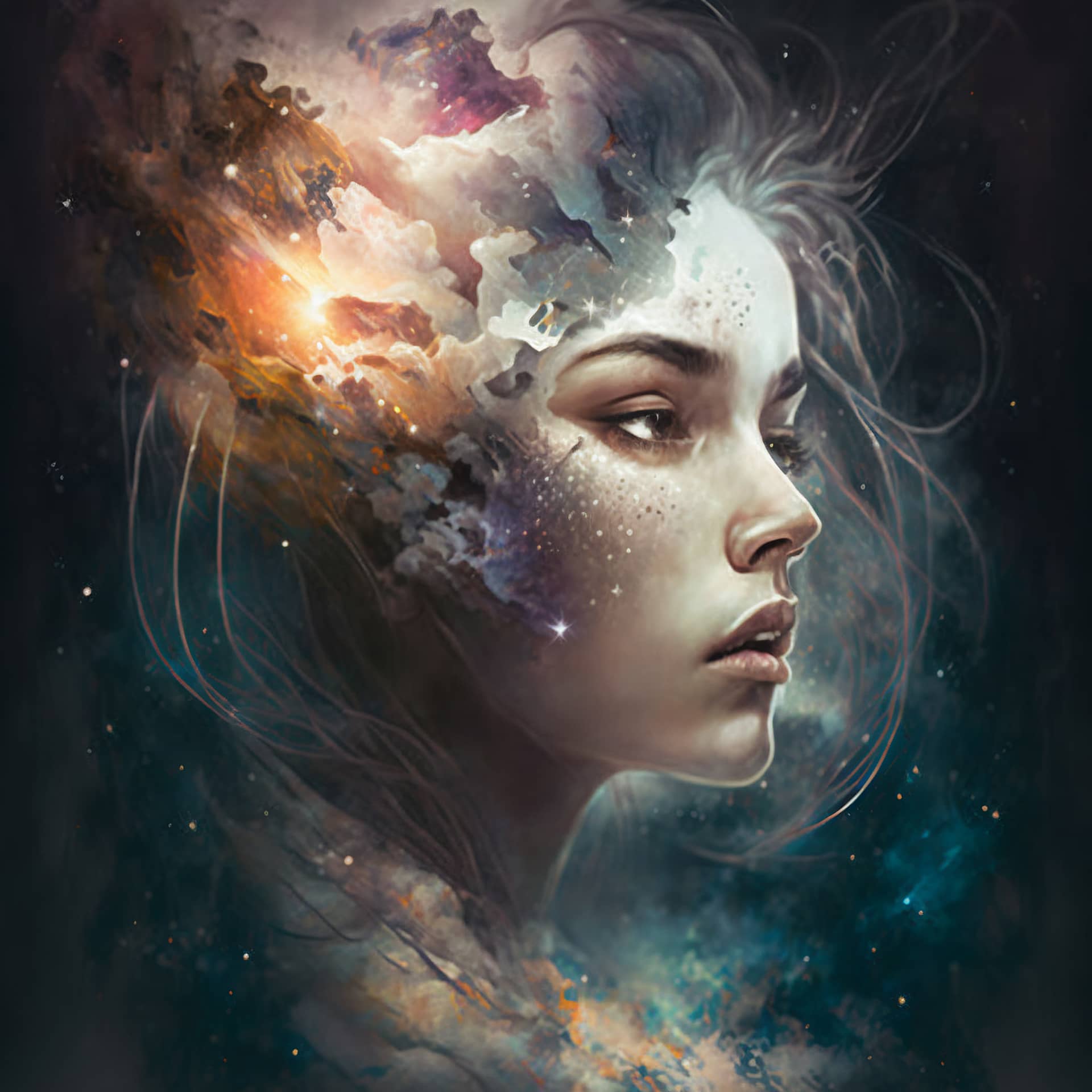 Portrait young woman with head galaxy digital painting artwork image