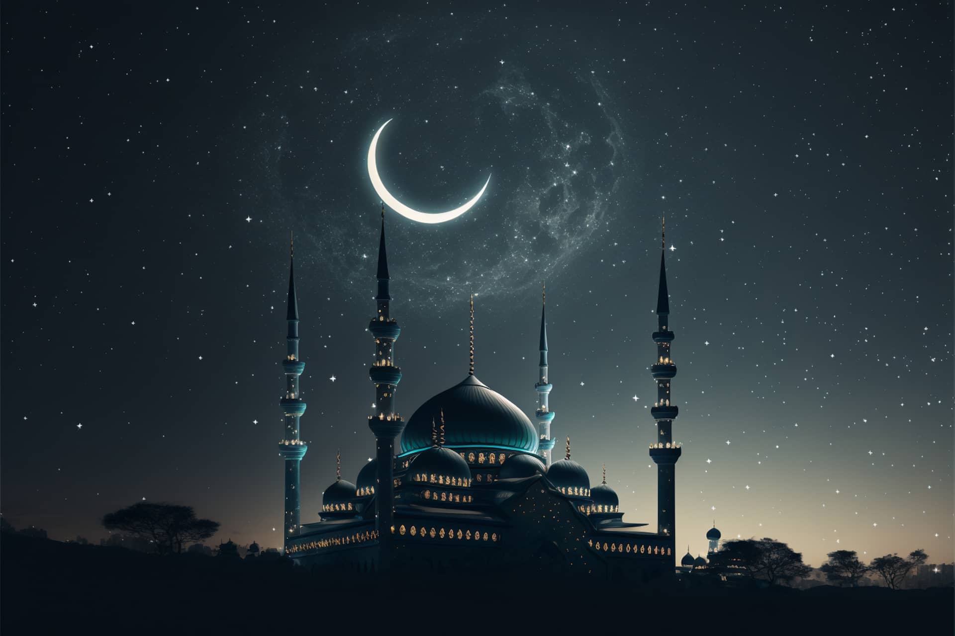 Shaped mosque silhouette night sky with crescent moon star image