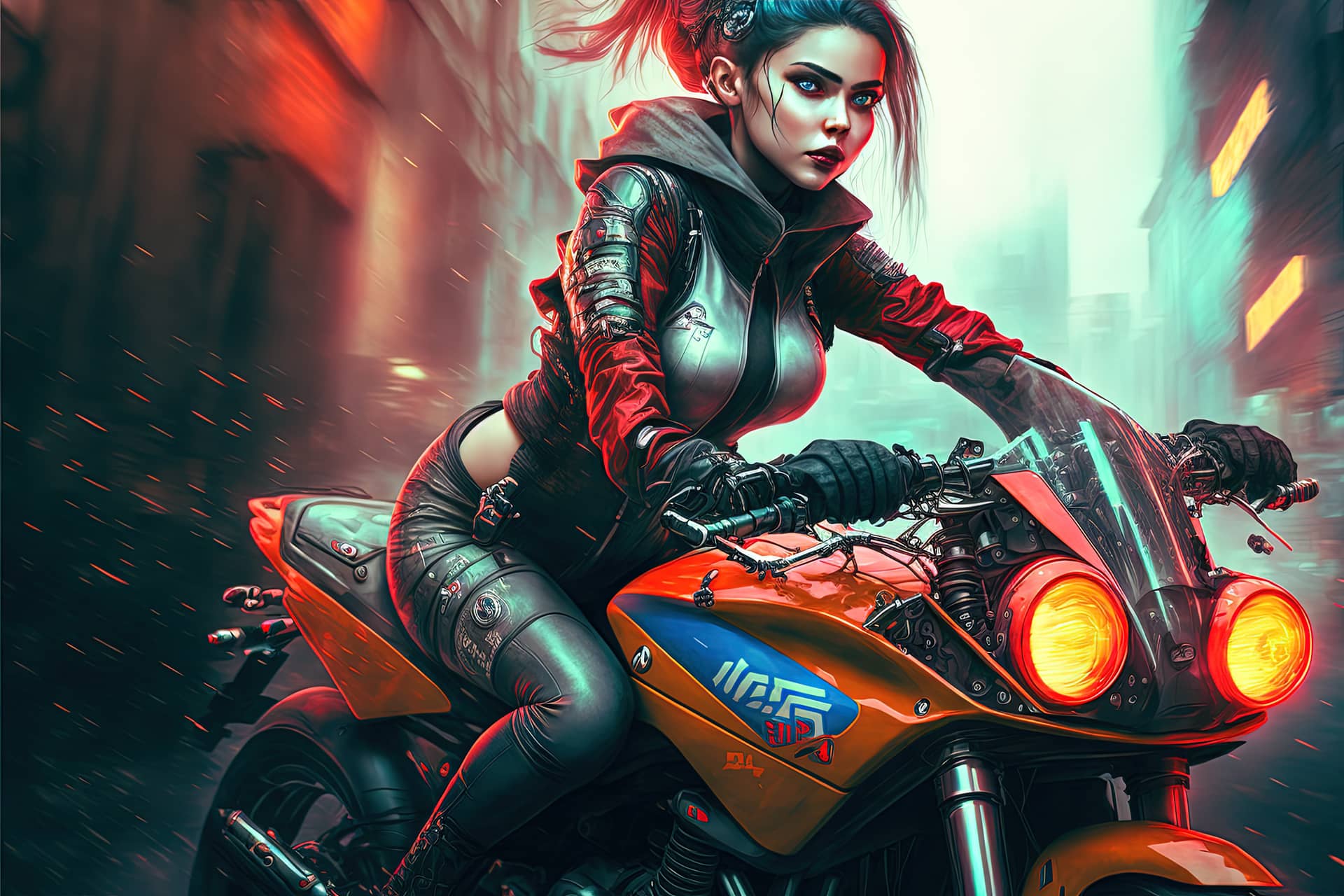 Beautiful cyberpunk girl riding futuristic motorbike female profile picture