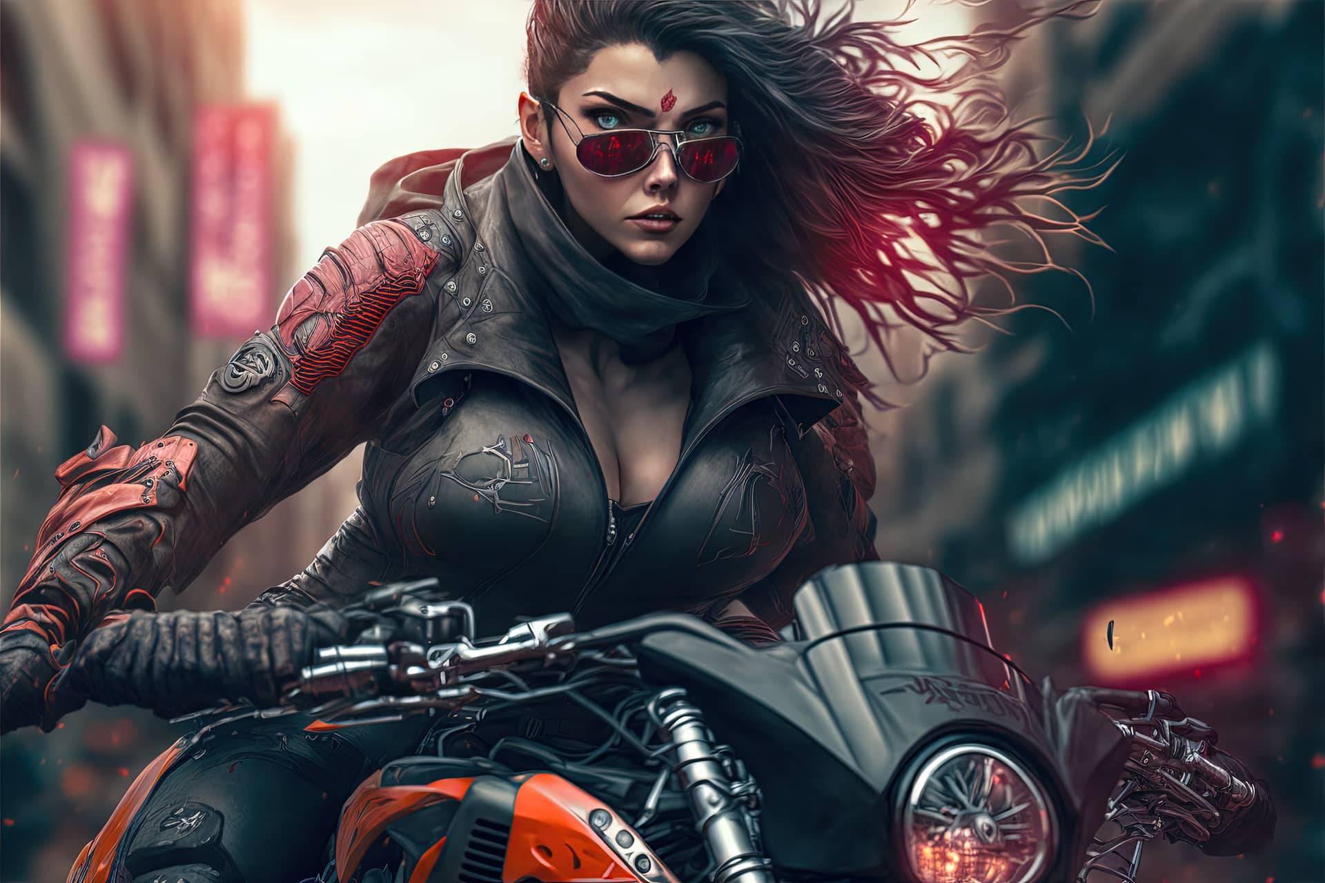 Beautiful cyberpunk girl riding futuristic motorbike futuristic city female profile picture