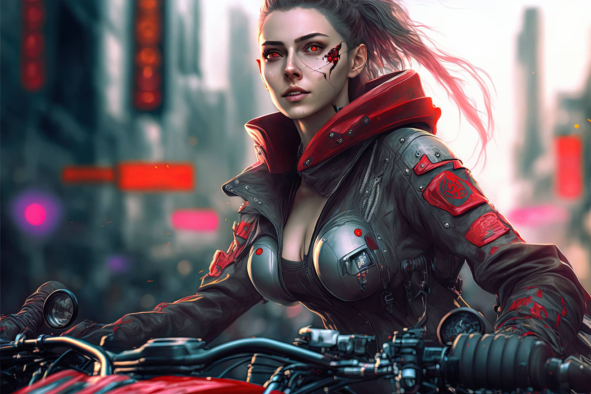 Beautiful cyberpunk girl riding futuristic motorbike futuristic city