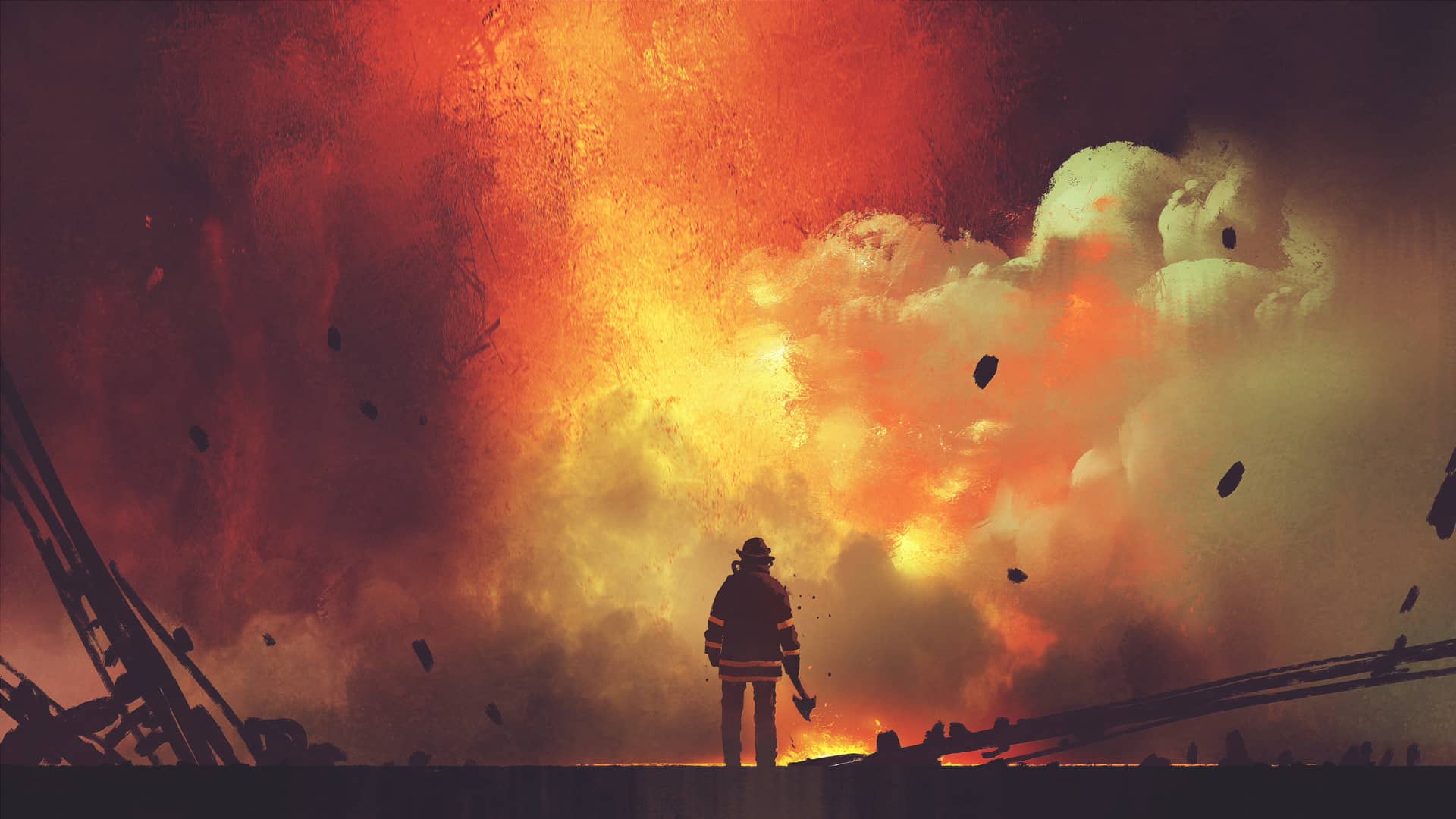 Axe standing front frightening explosion digital art style illustration painting