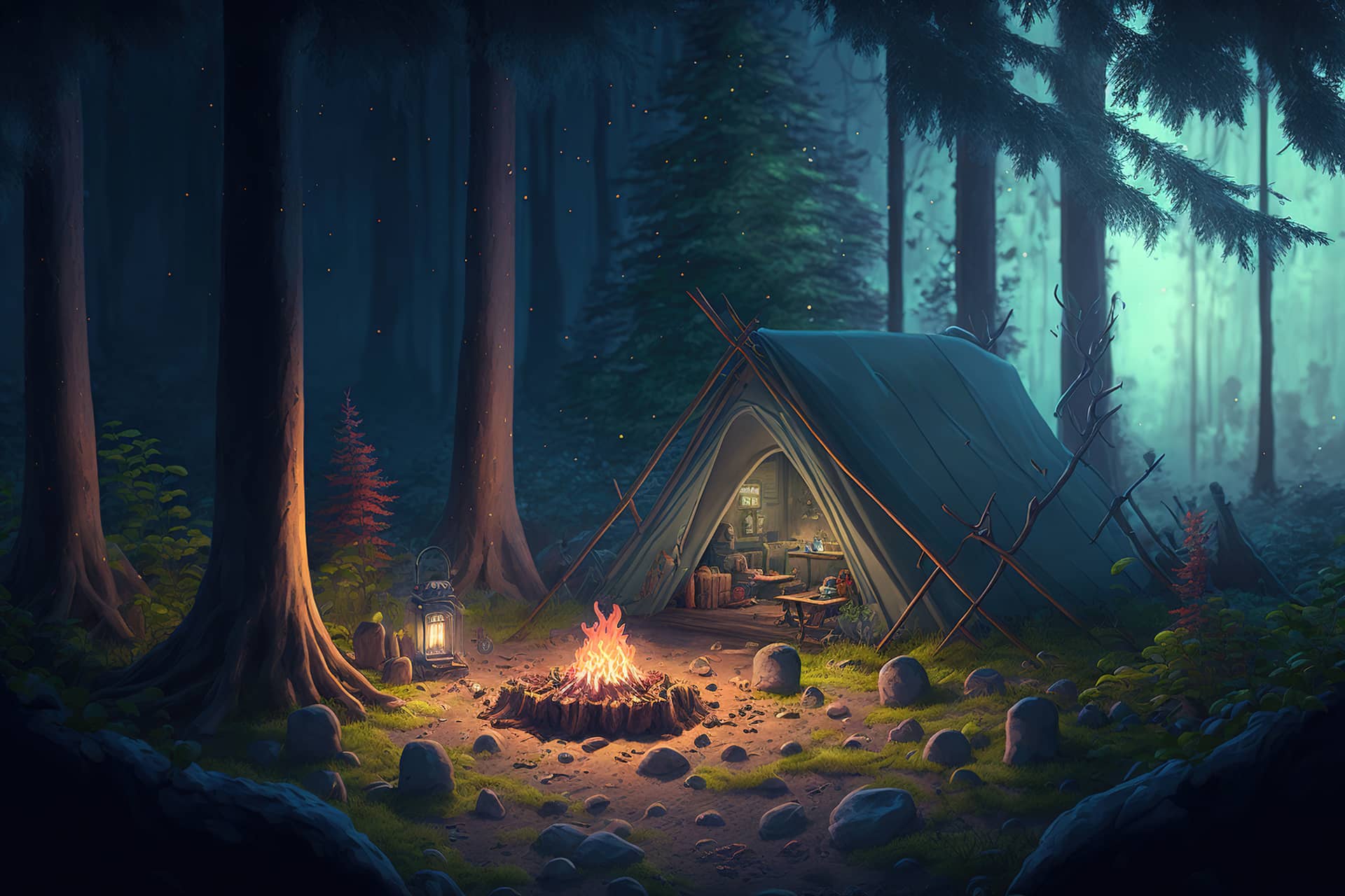 Camping night forest with camp fire excellent picture