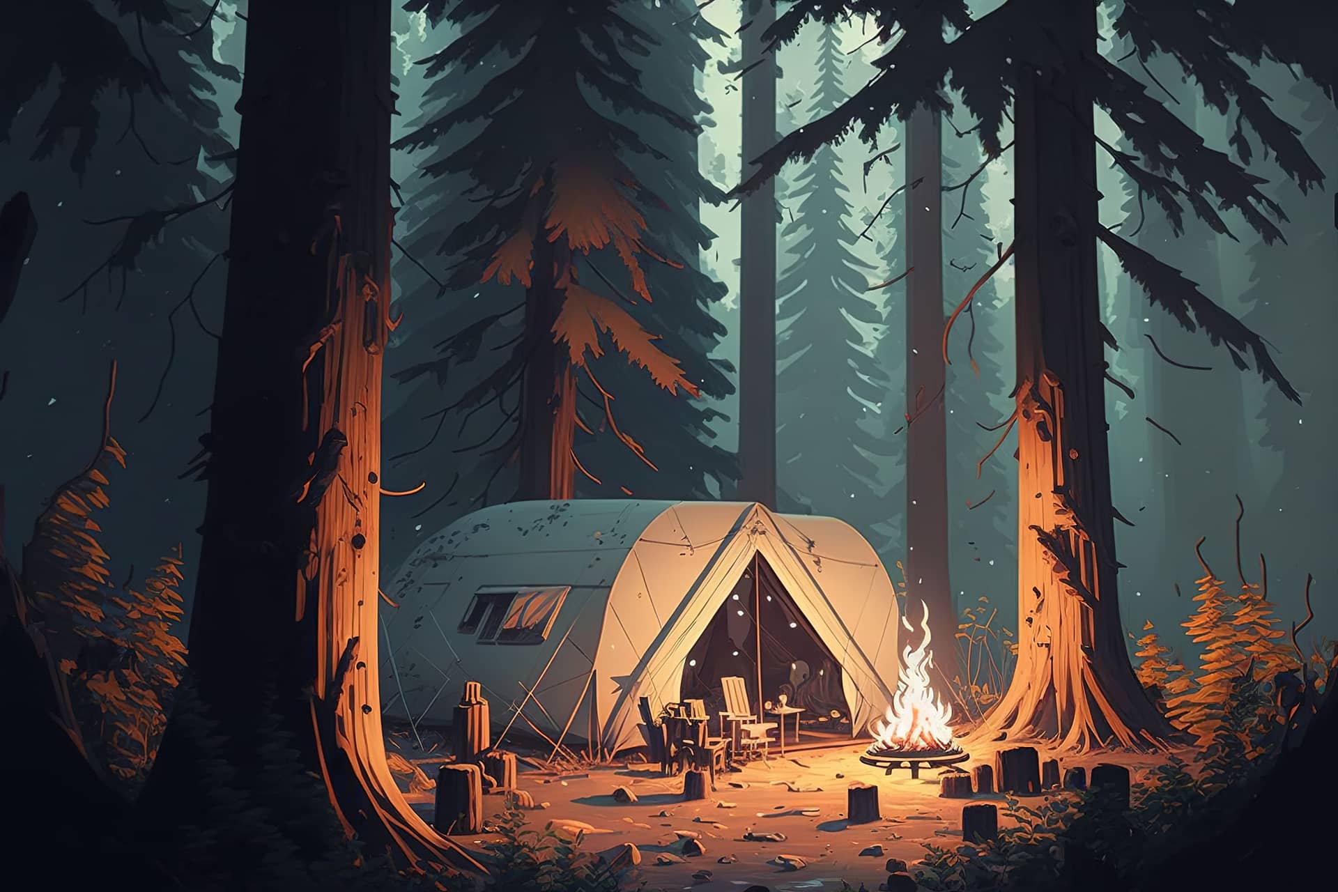 Camping night forest with camp fire fine image