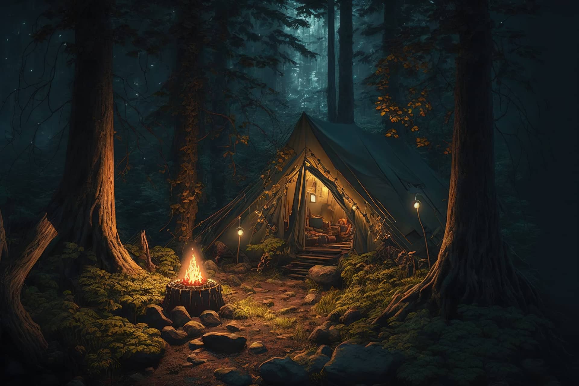 Camping night forest with camp fire fine picture