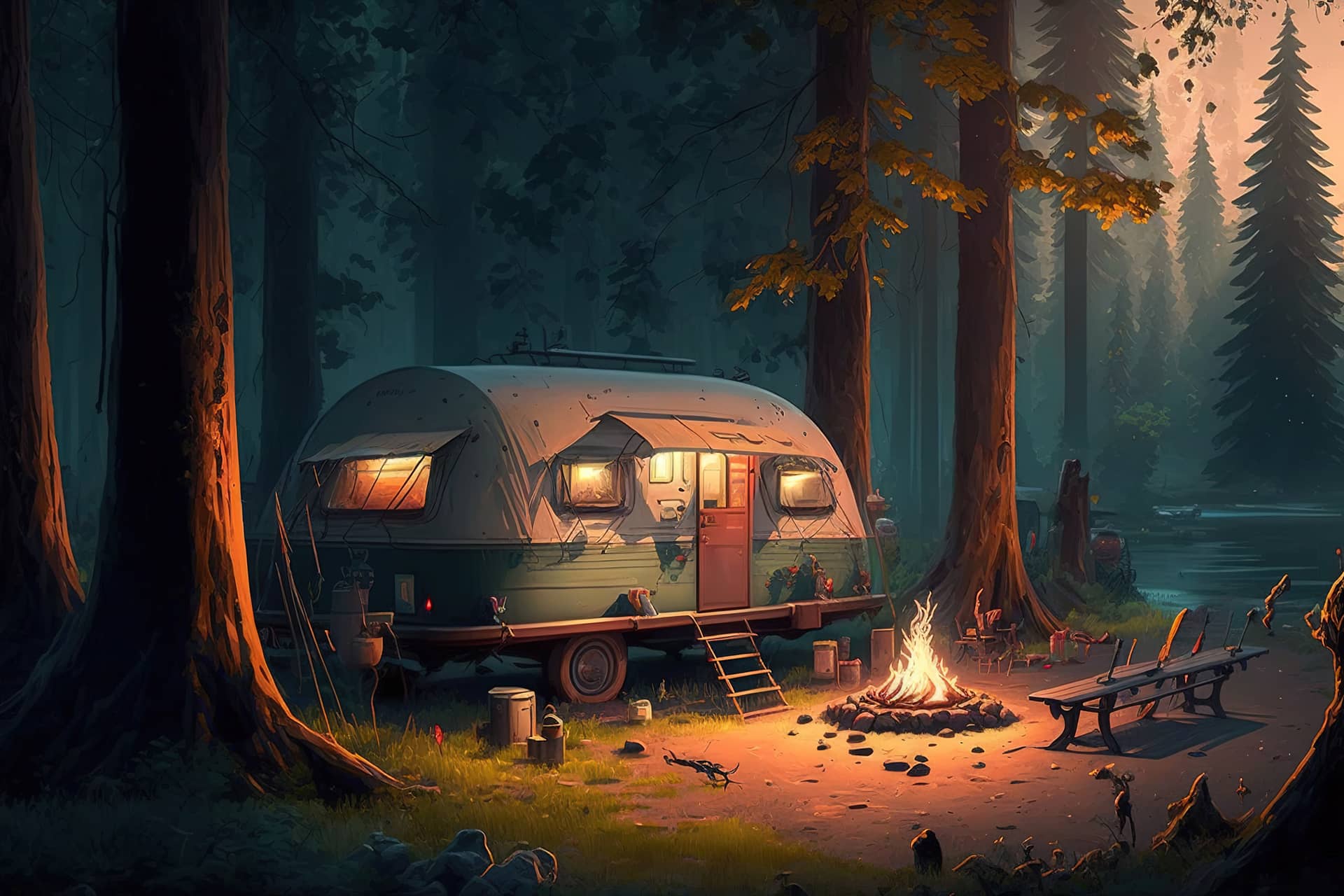 Camping night forest with camp fire image