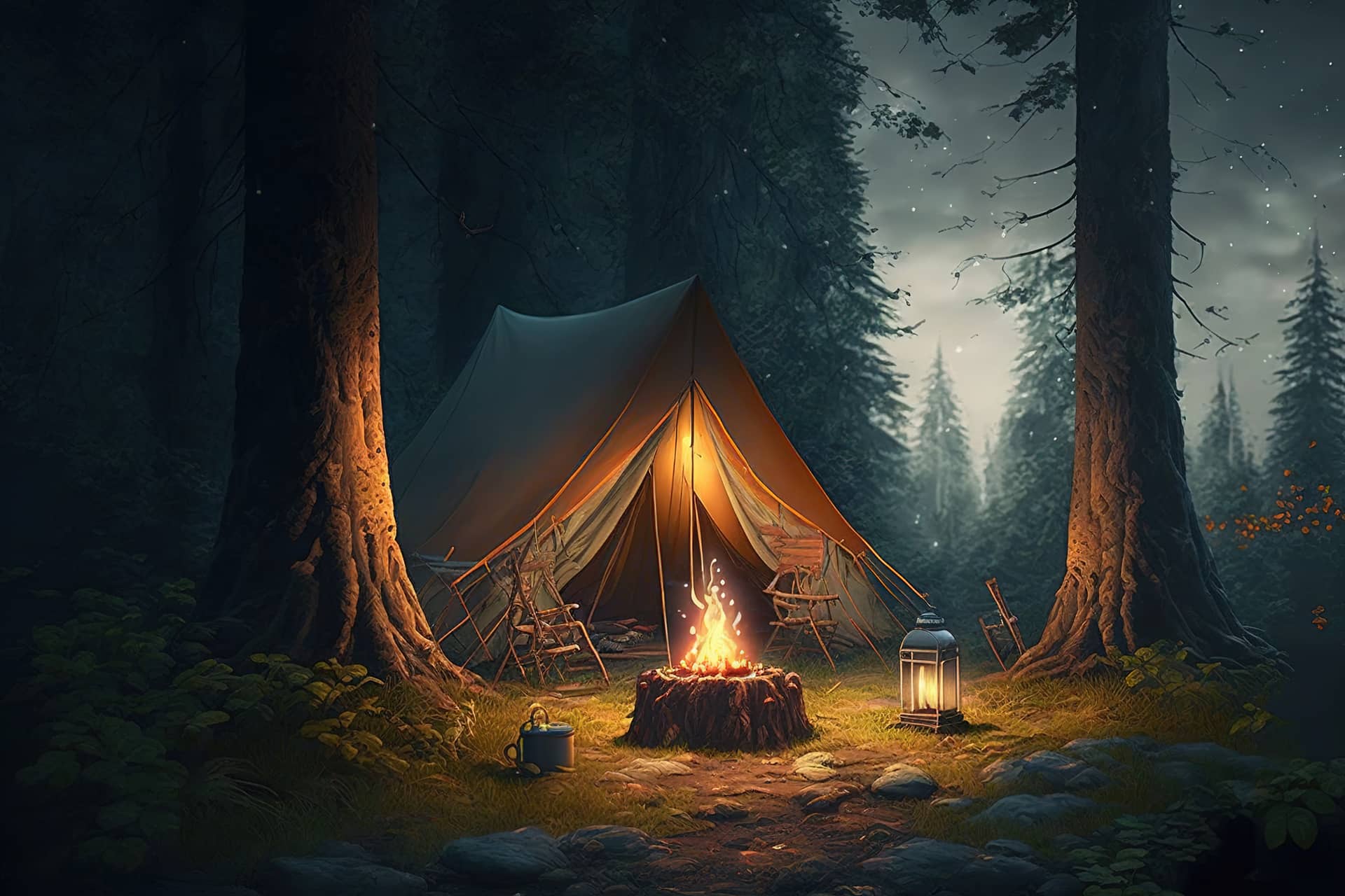 Camping night forest with camp fire nice picture