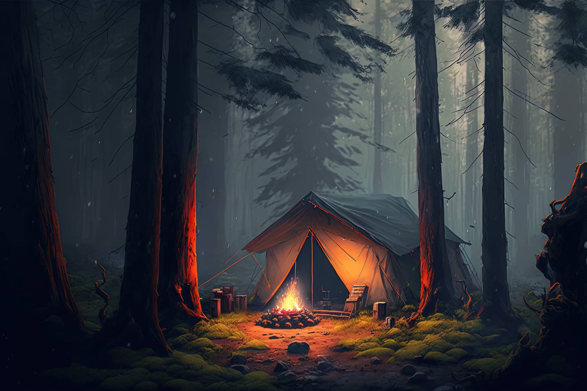 Forest campfire night forest fog moonlight cozy evening by fire