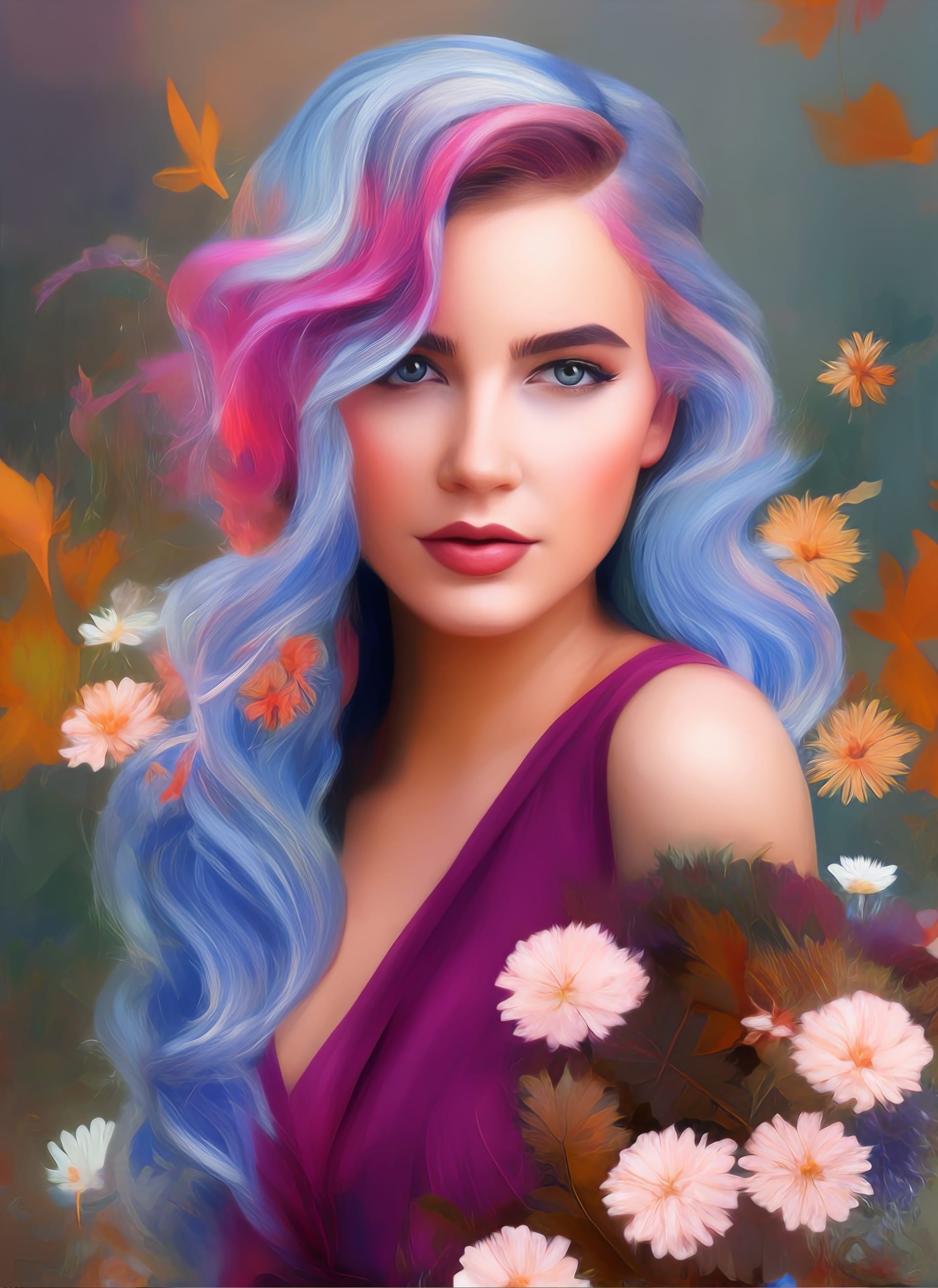 Artistic portrait beautiful woman with colorful hair surrounded by flowers