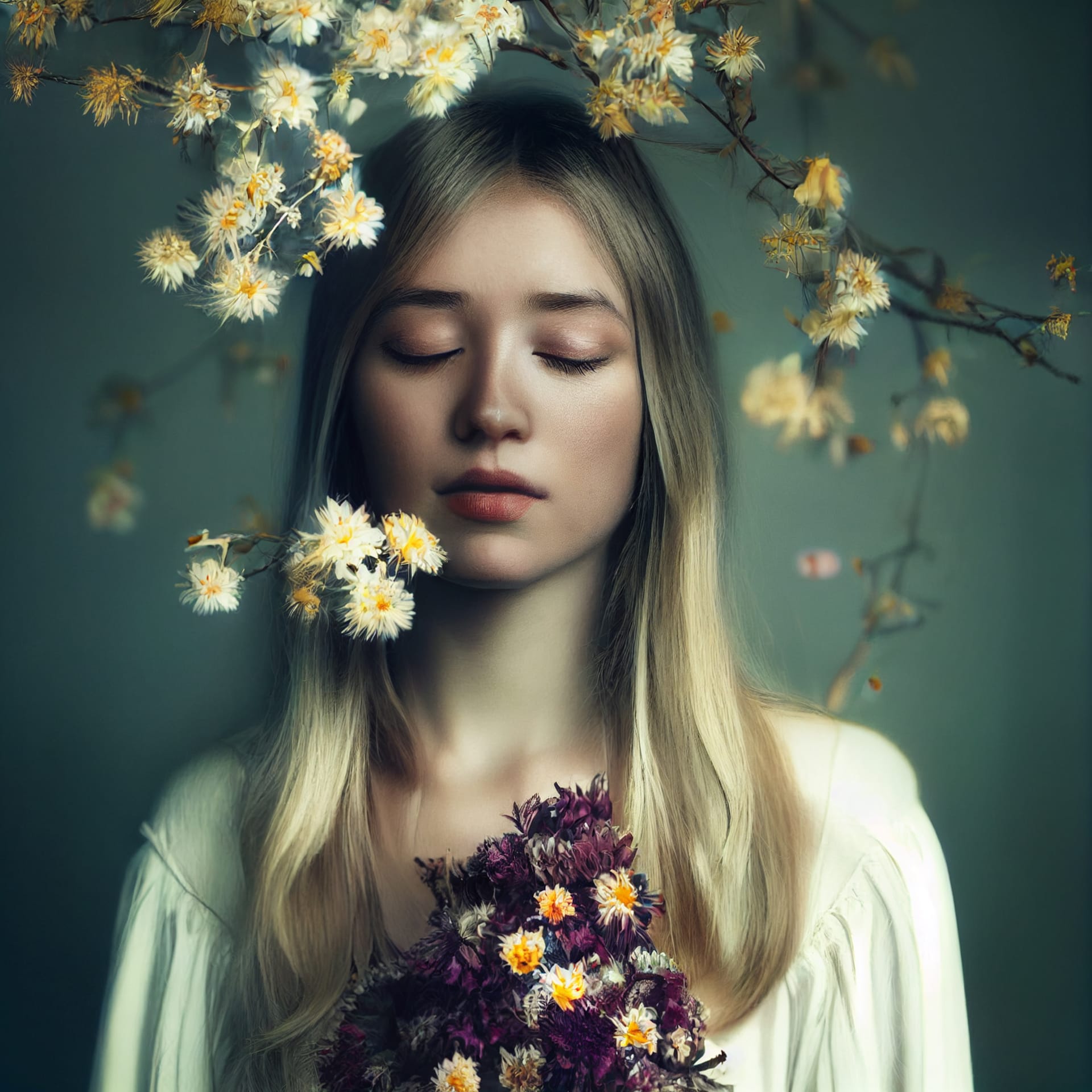 Blonde woman portrait with closed eyes flowers background 3d rendering
