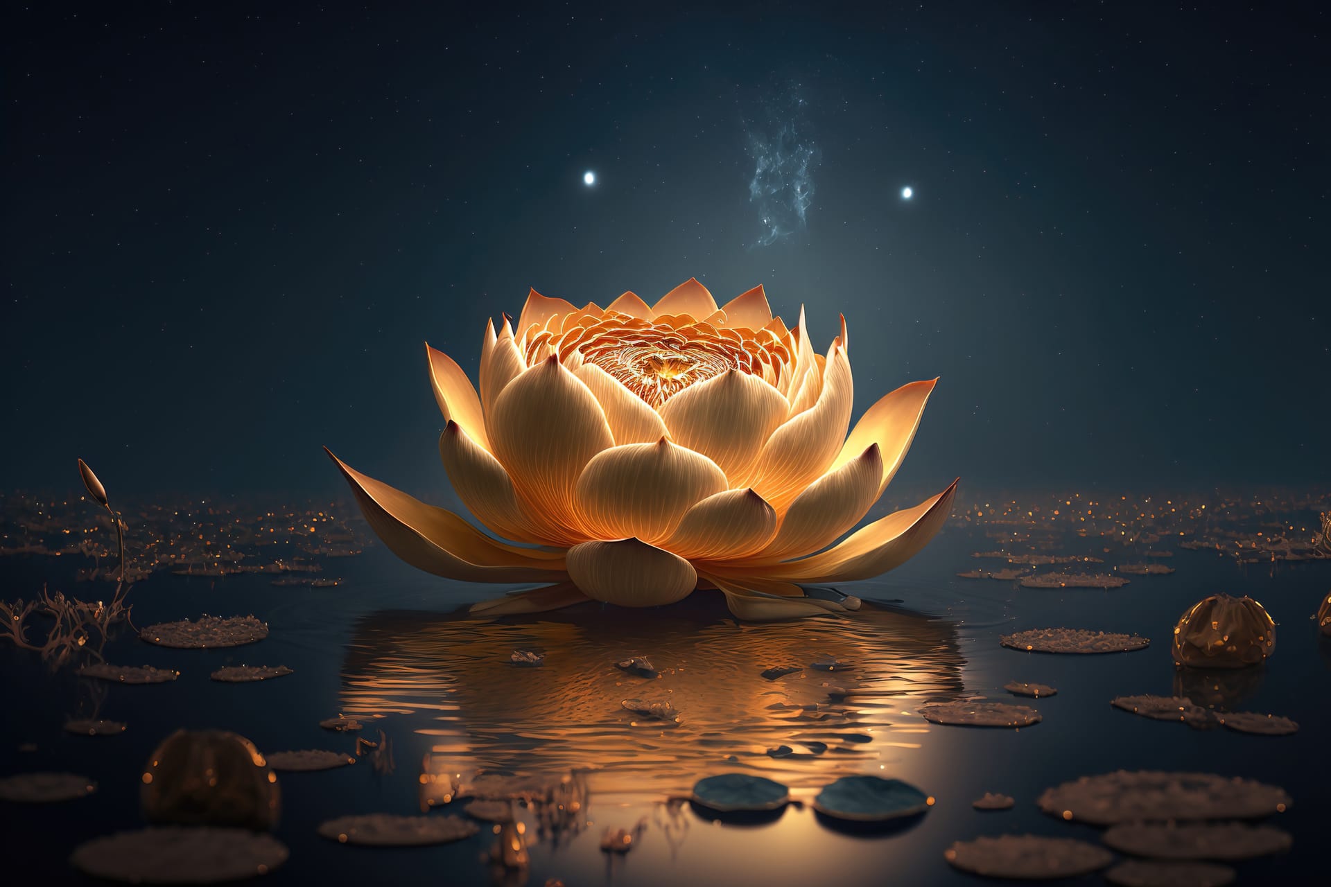 Golden lotus rose blooms night water swamp fantasy magic flower yellow light from inside reflection lotus