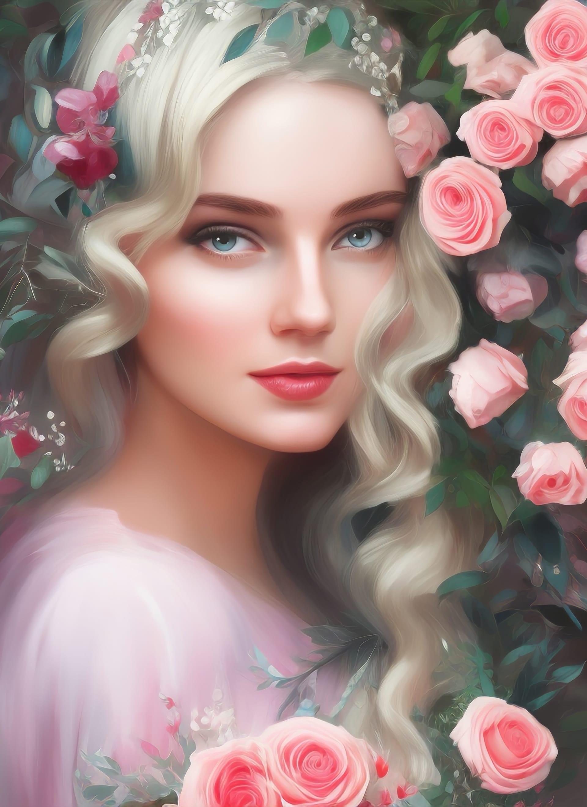 Portrait beautiful woman with flowers roses flower profile pic