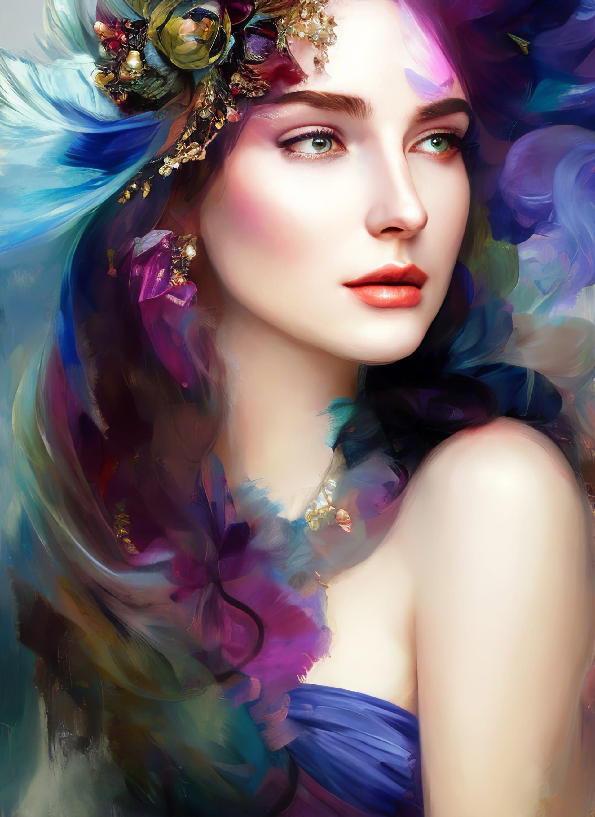 Portrait painting beautiful woman multicolored tones abstract picture beautiful girl