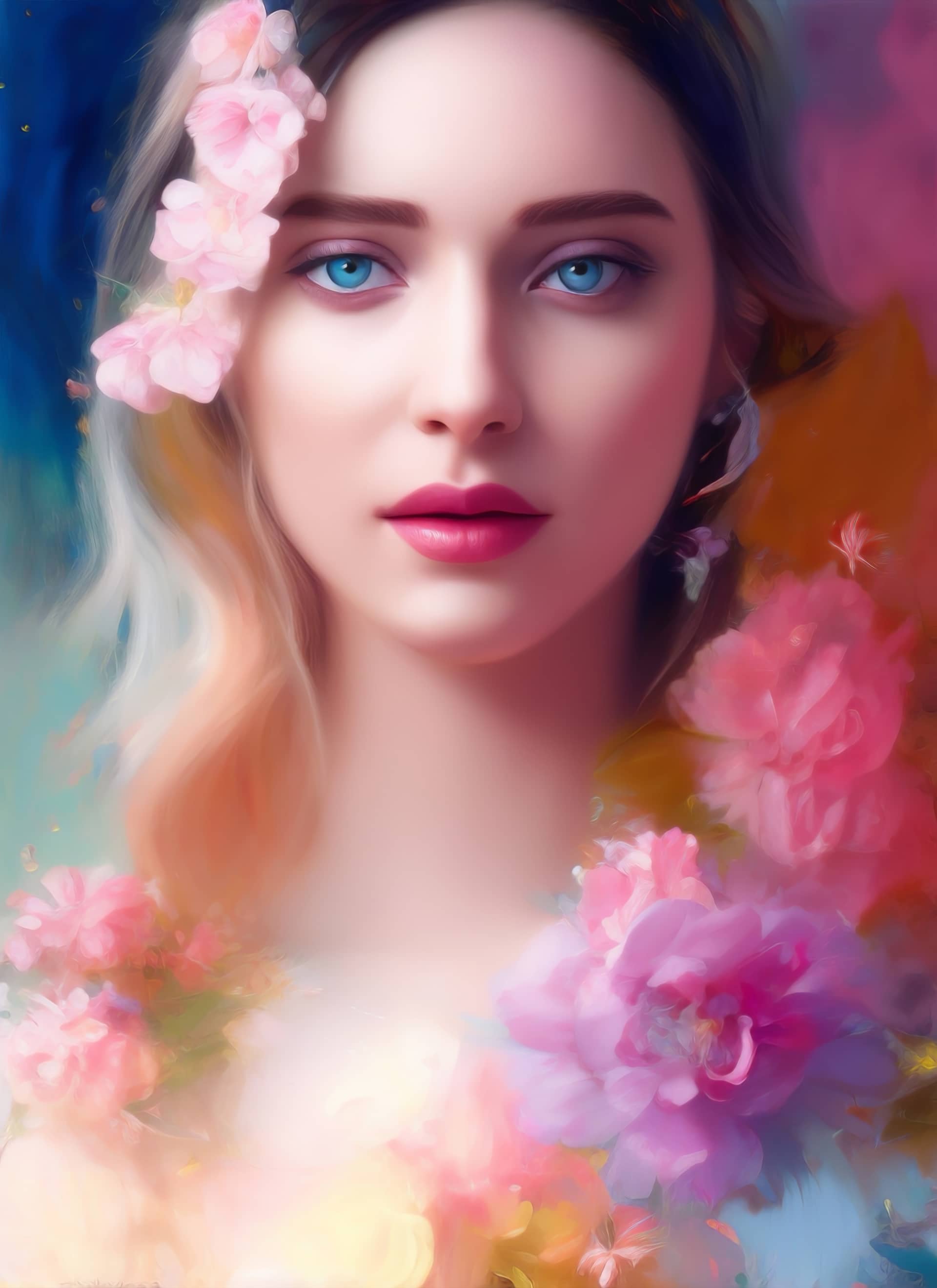 Colorful digital painting beautiful woman s portrait with flowers