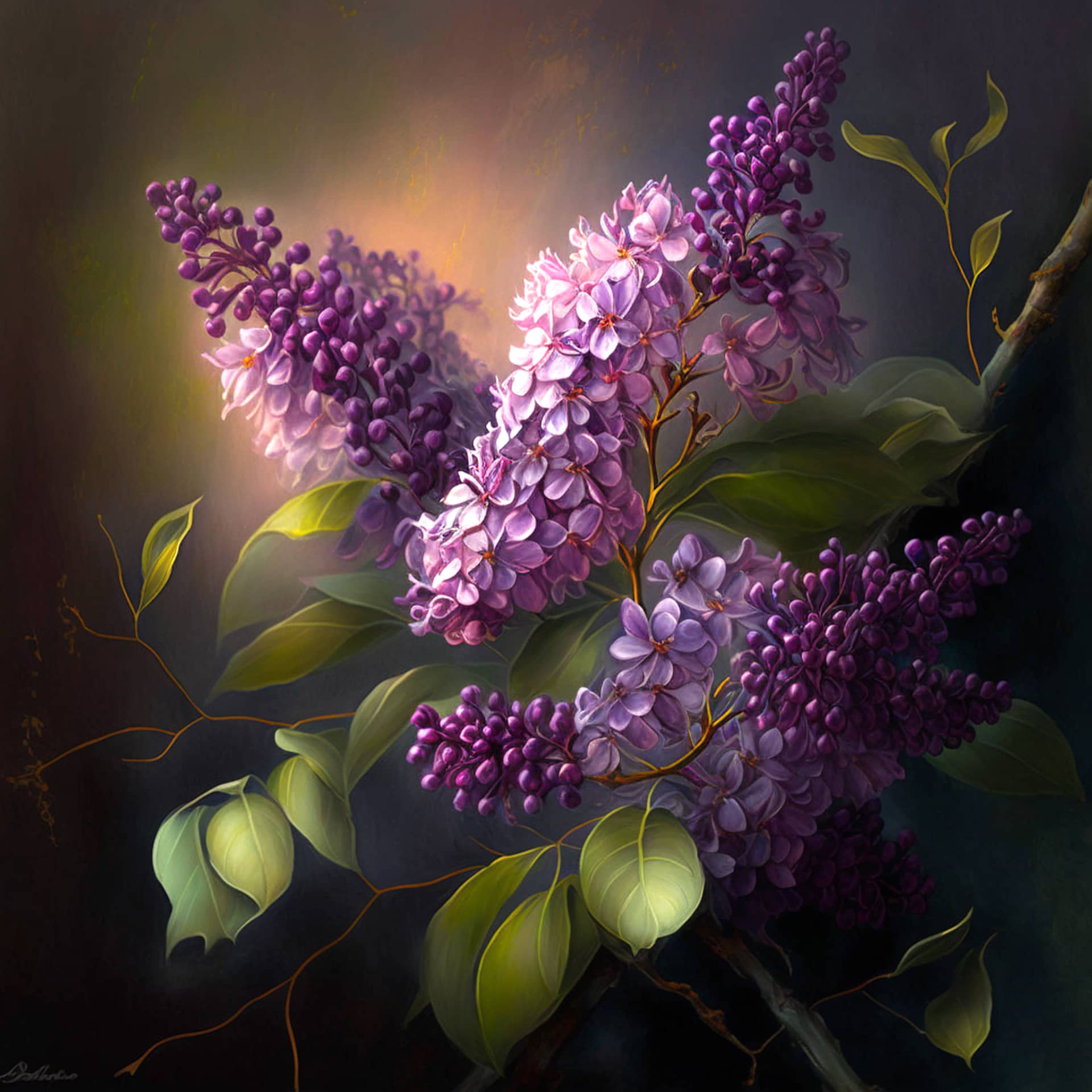 Flower profile picture lilac flowers leaves closeup realistic painting
