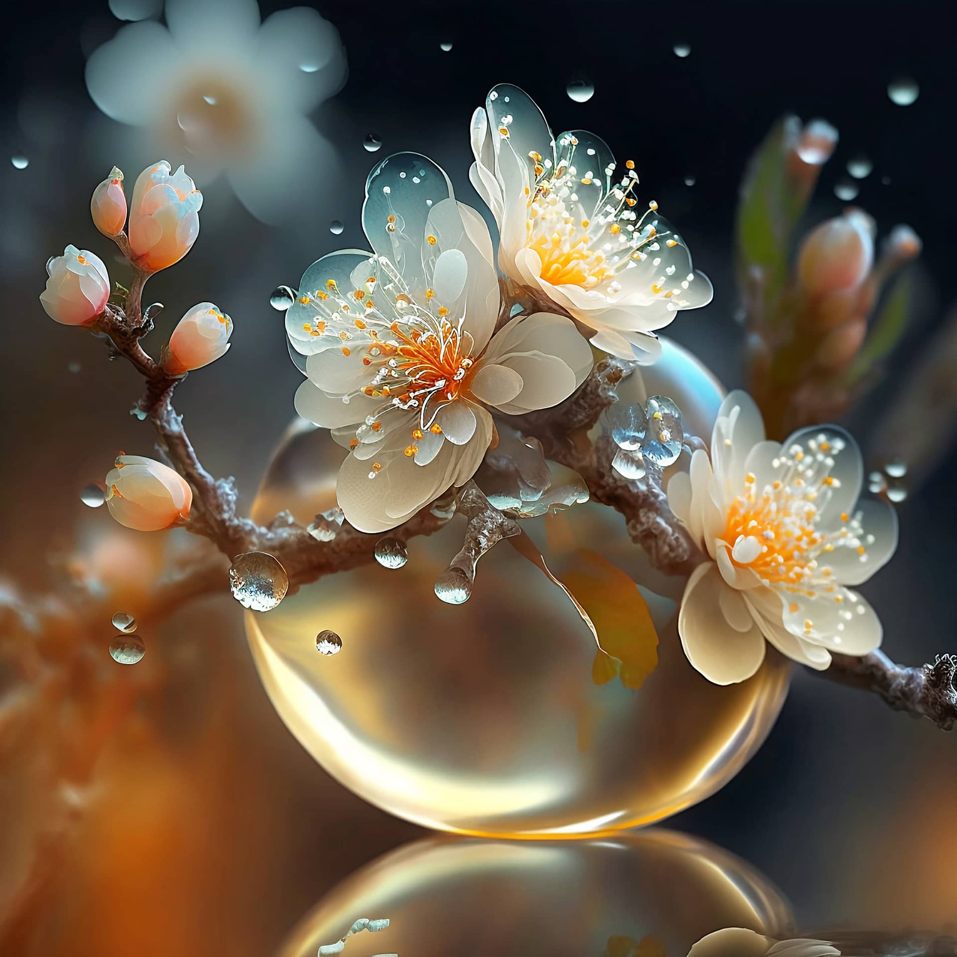 Flower profile picture white cherry flowers with big water drops