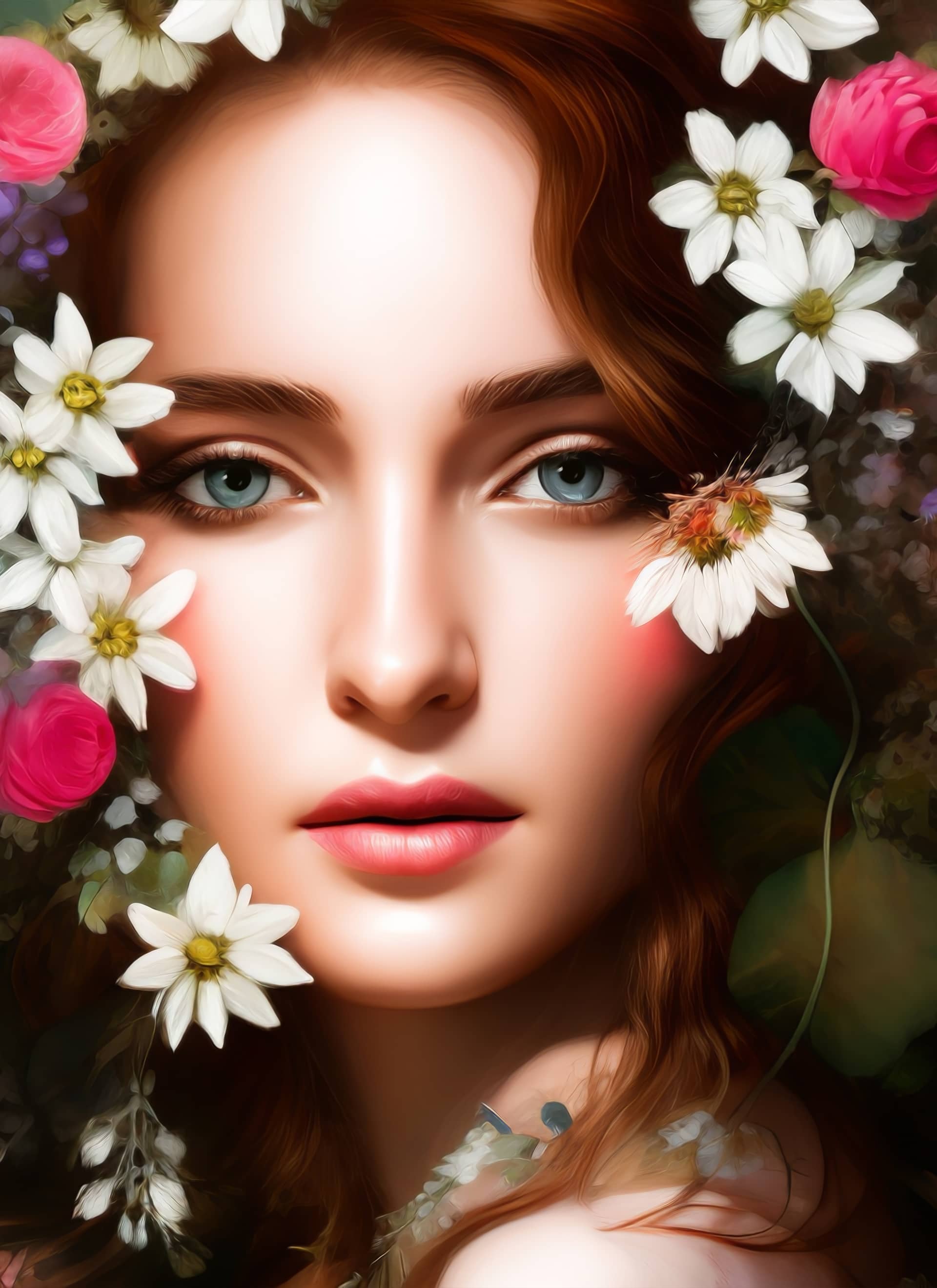 Painting beautiful woman s face portrait beautiful woman with flowers