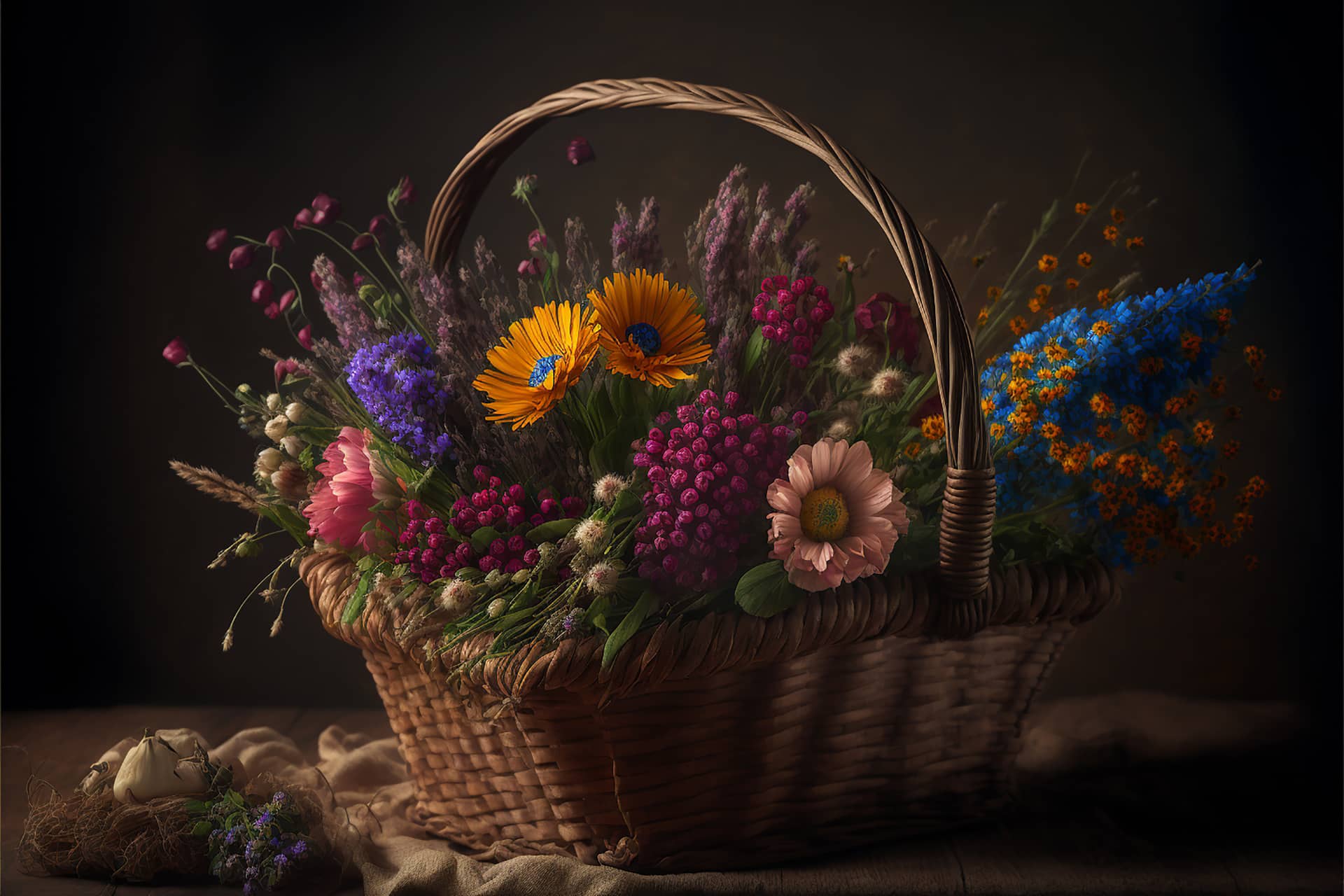 Vibrant bouquet wildflowers arranged rustic basket captured soft focus picture