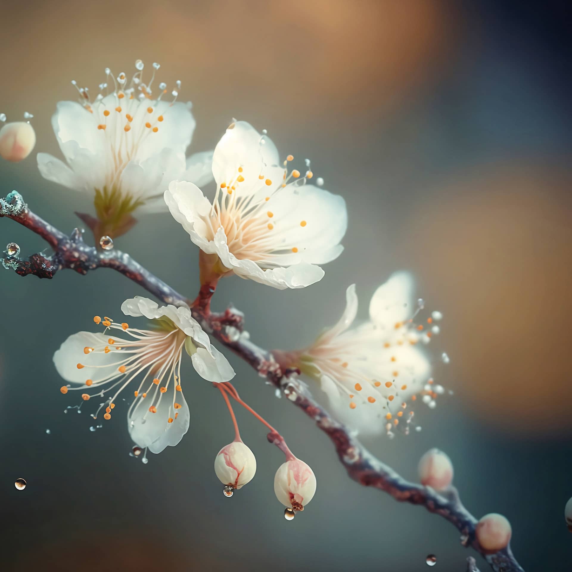 White cherry flowers with water drops close up flower profile picture