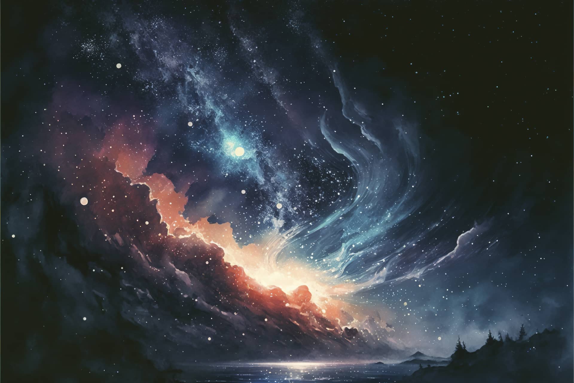 Dreamy watercolor painting depicting sea cosmic stars