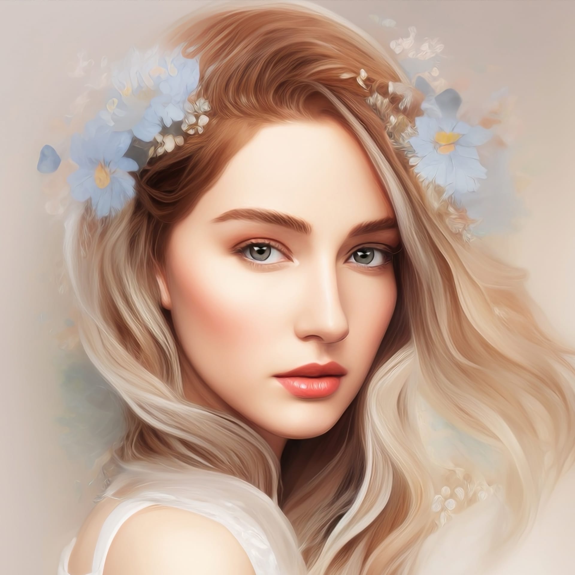 Artistic portrait beautiful woman with blonde hair flowers her head image