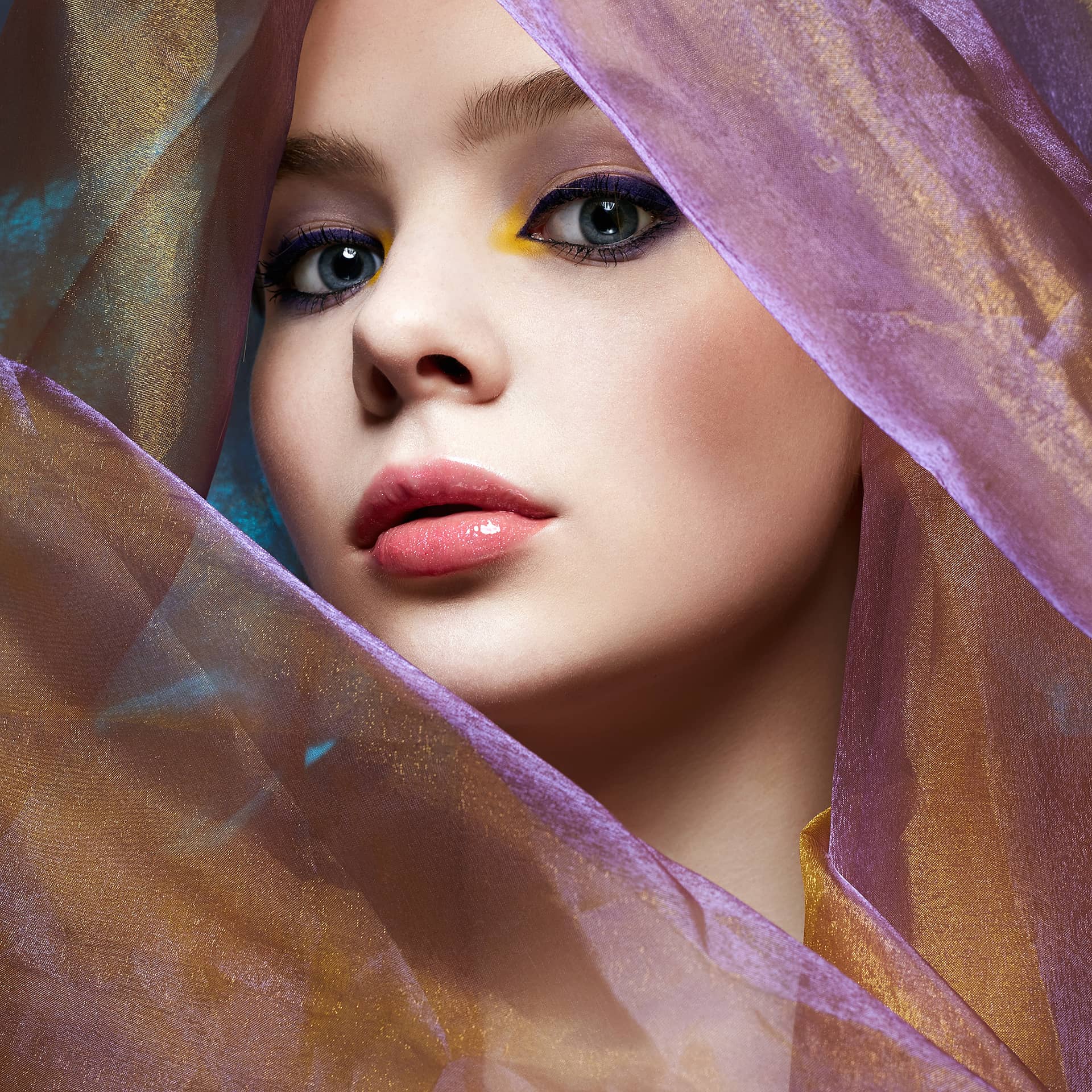 Beautiful young woman color veil beauty portrait good profile pics