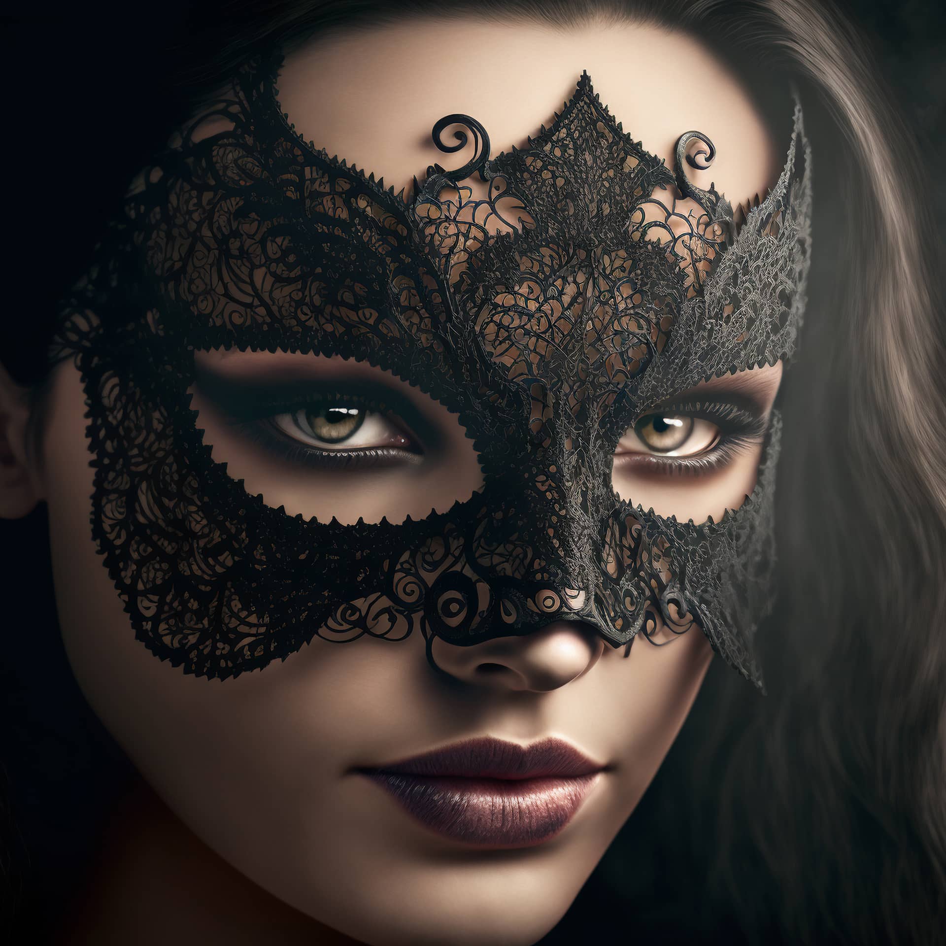 Expressive eyes oriental woman with black lace mask her eyes good profile pics
