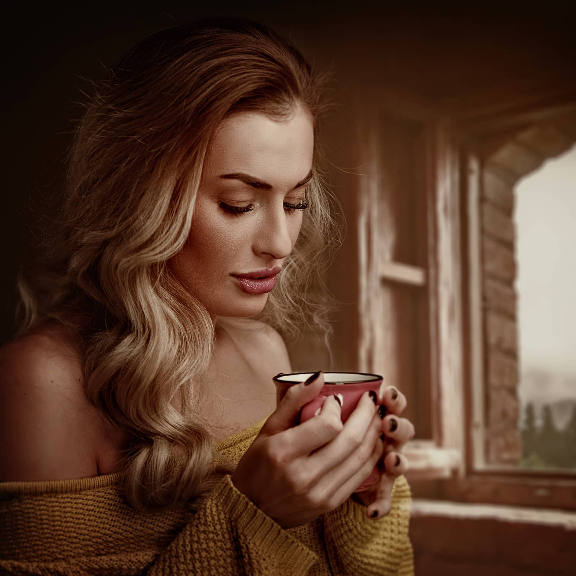 Morning with scented coffee beauty female portrait with cup drink