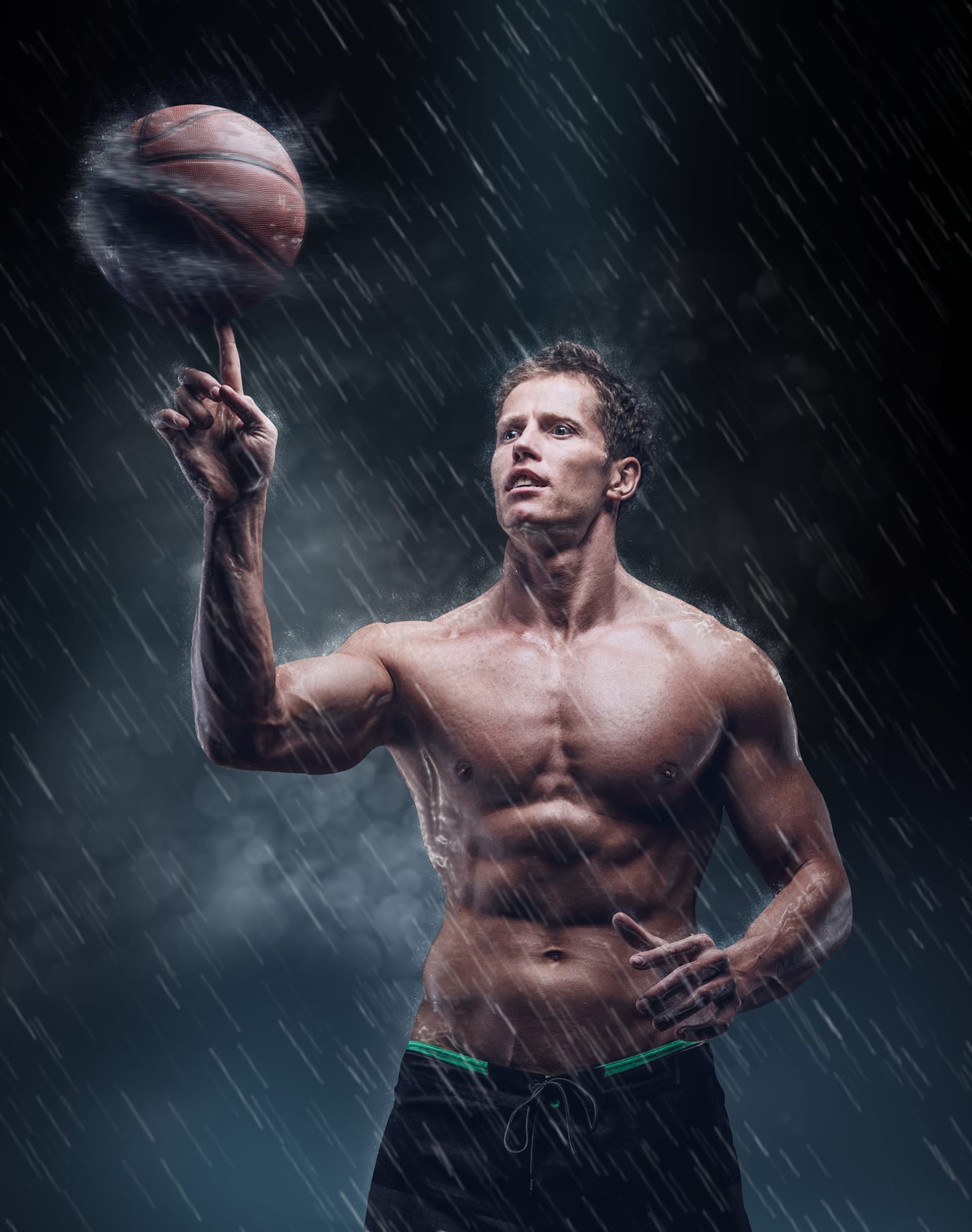 Artistic portrait shirtless wet bascetball player droplets nice image