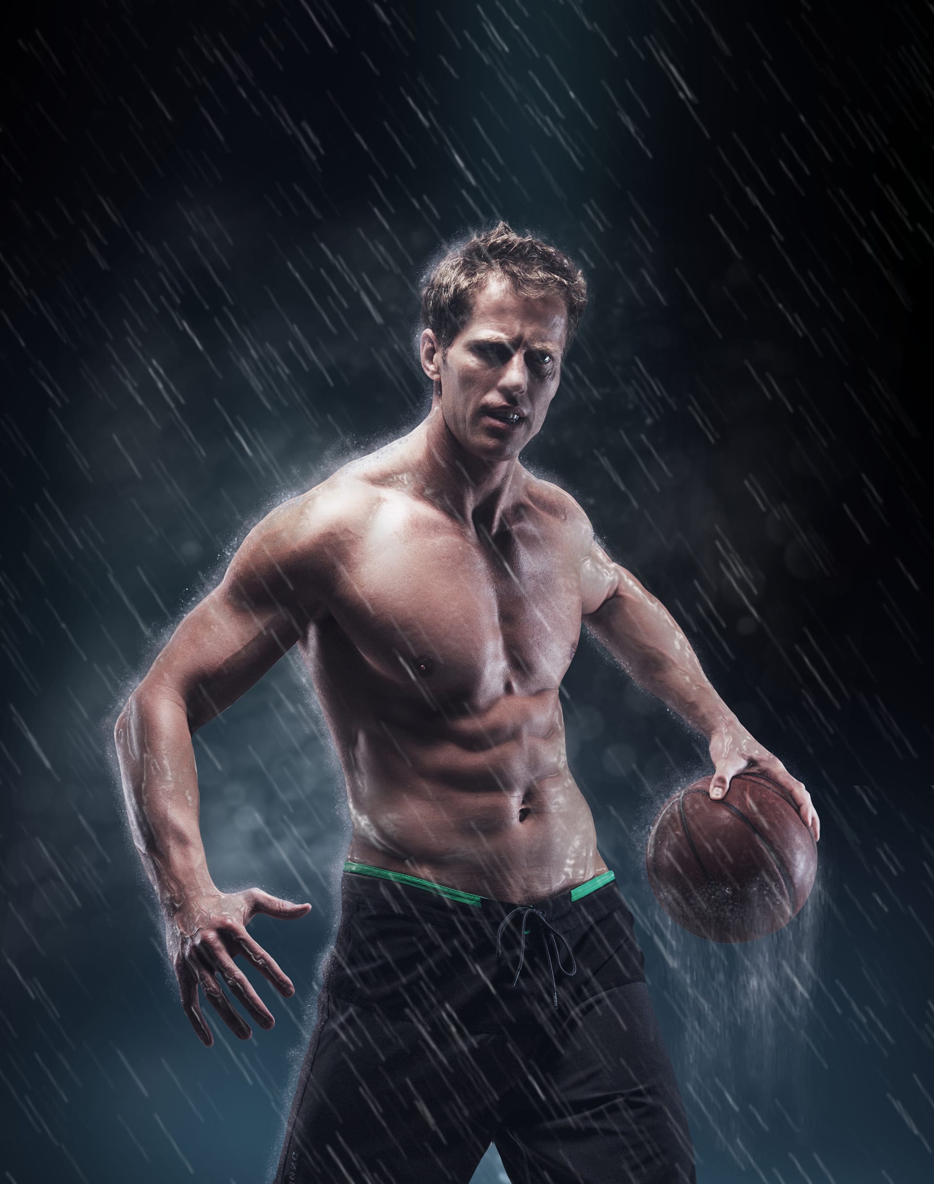 Artistic portrait shirtless wet bascetball player droplets nice picture