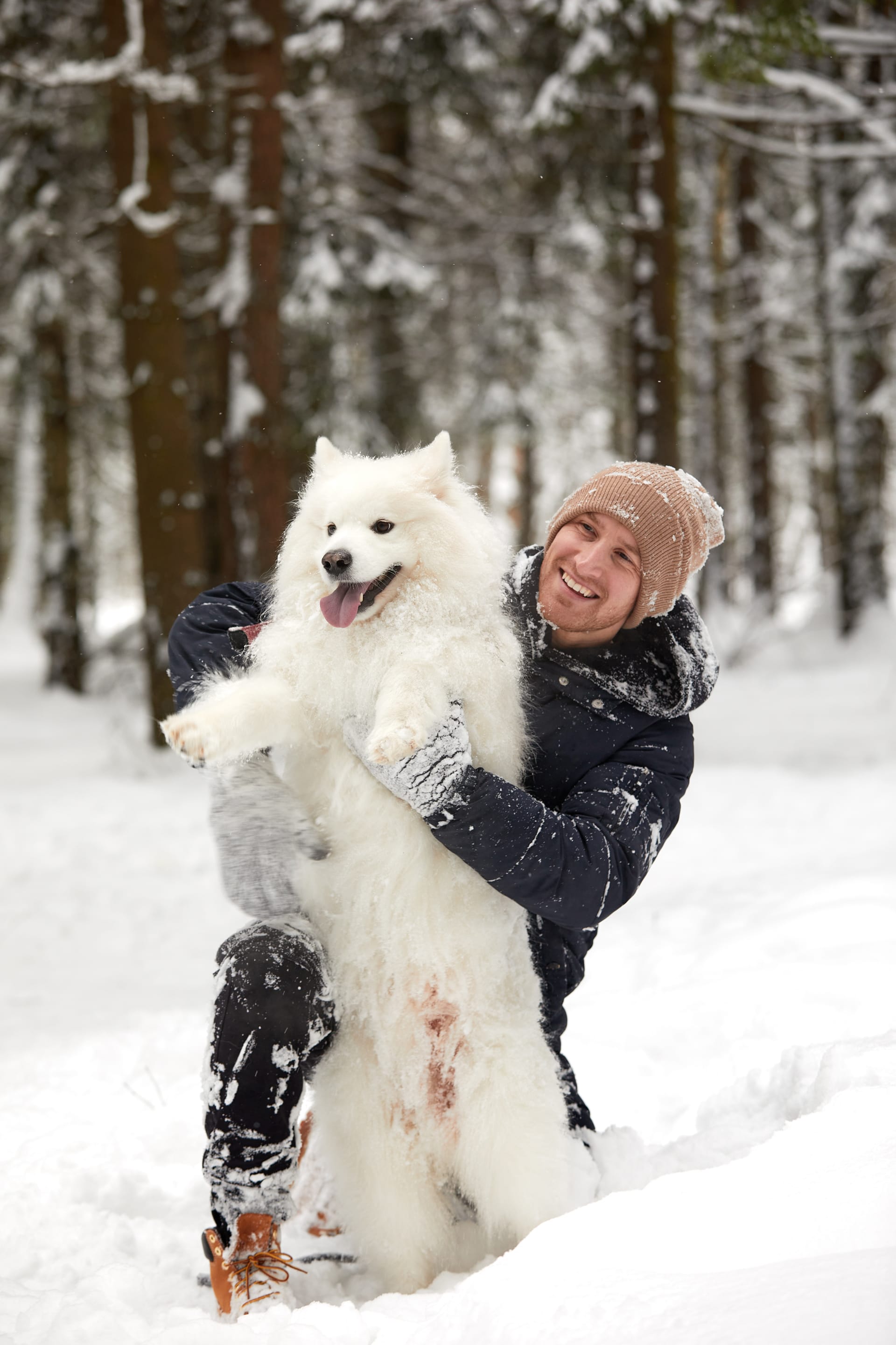 Dog are best friends man dog walk snowy forest winter deep snow