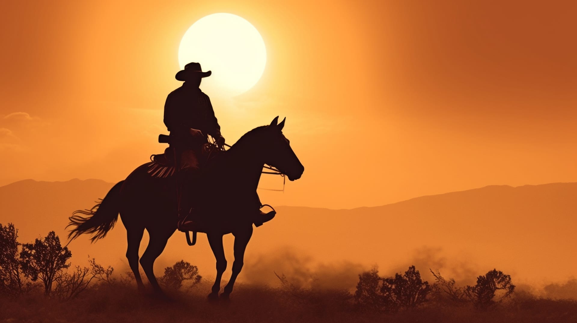 Riding horse silhouetted against sunset cowboy horse rising up