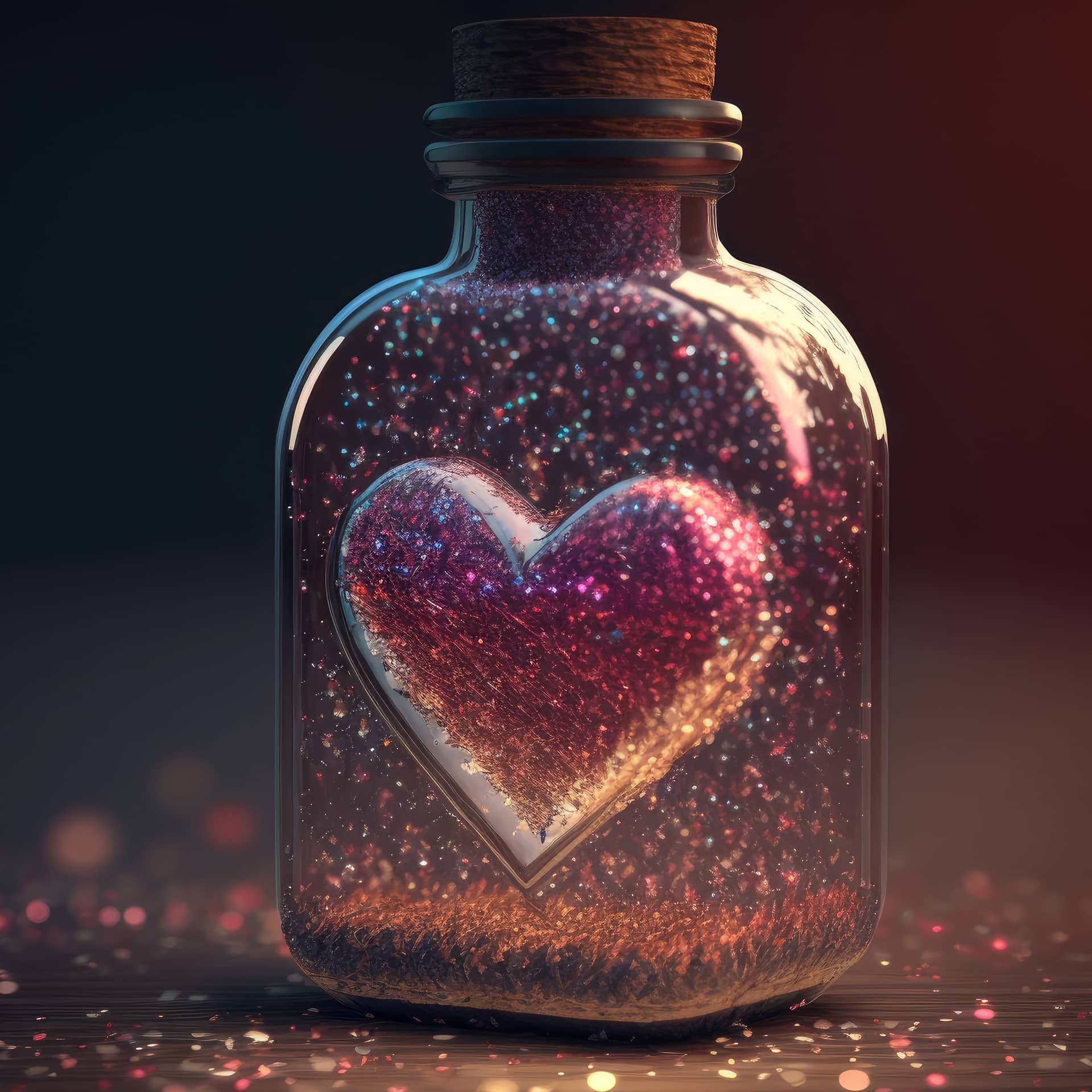 Day colorful heart inside bottle glittering galaxy world with generative